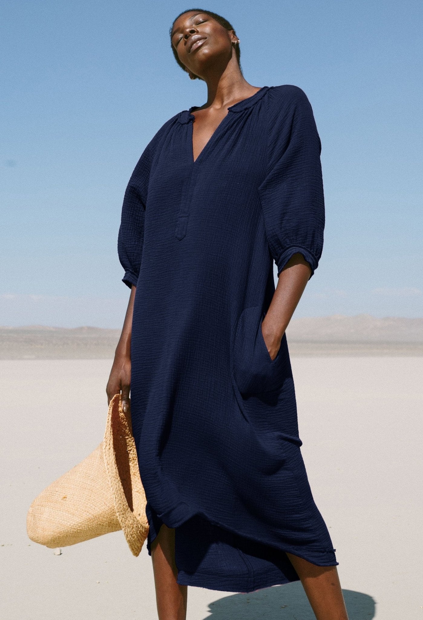 Navy Gauze Dress with Pockets - ocean+main