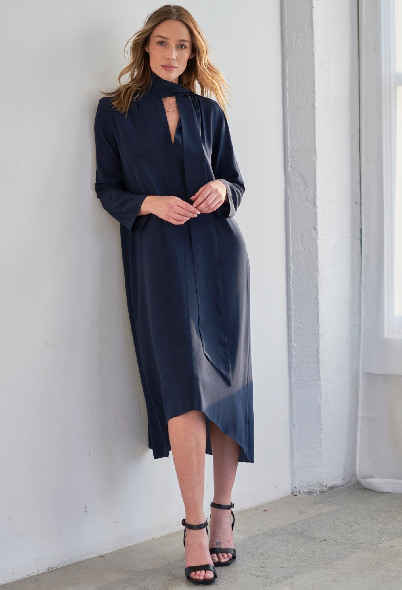 Navy Scarf Neck Silk Dress - ocean+main