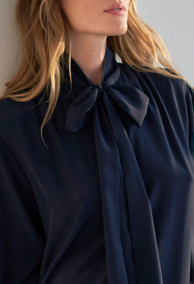 Navy Scarf Neck Silk Dress - ocean+main