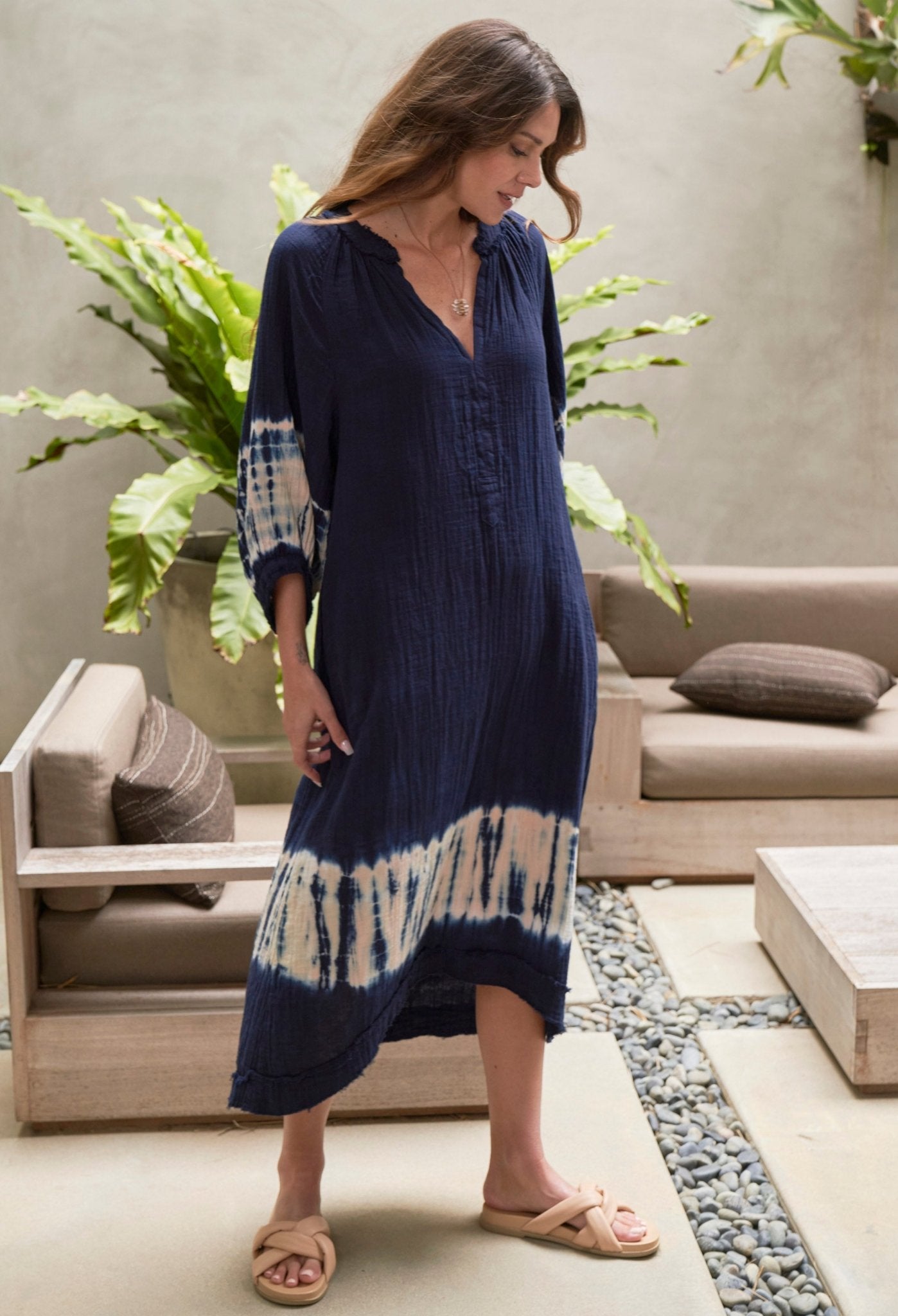 Navy + Sedona Tie Dye Hem Gauze Dress with Pockets - ocean+main