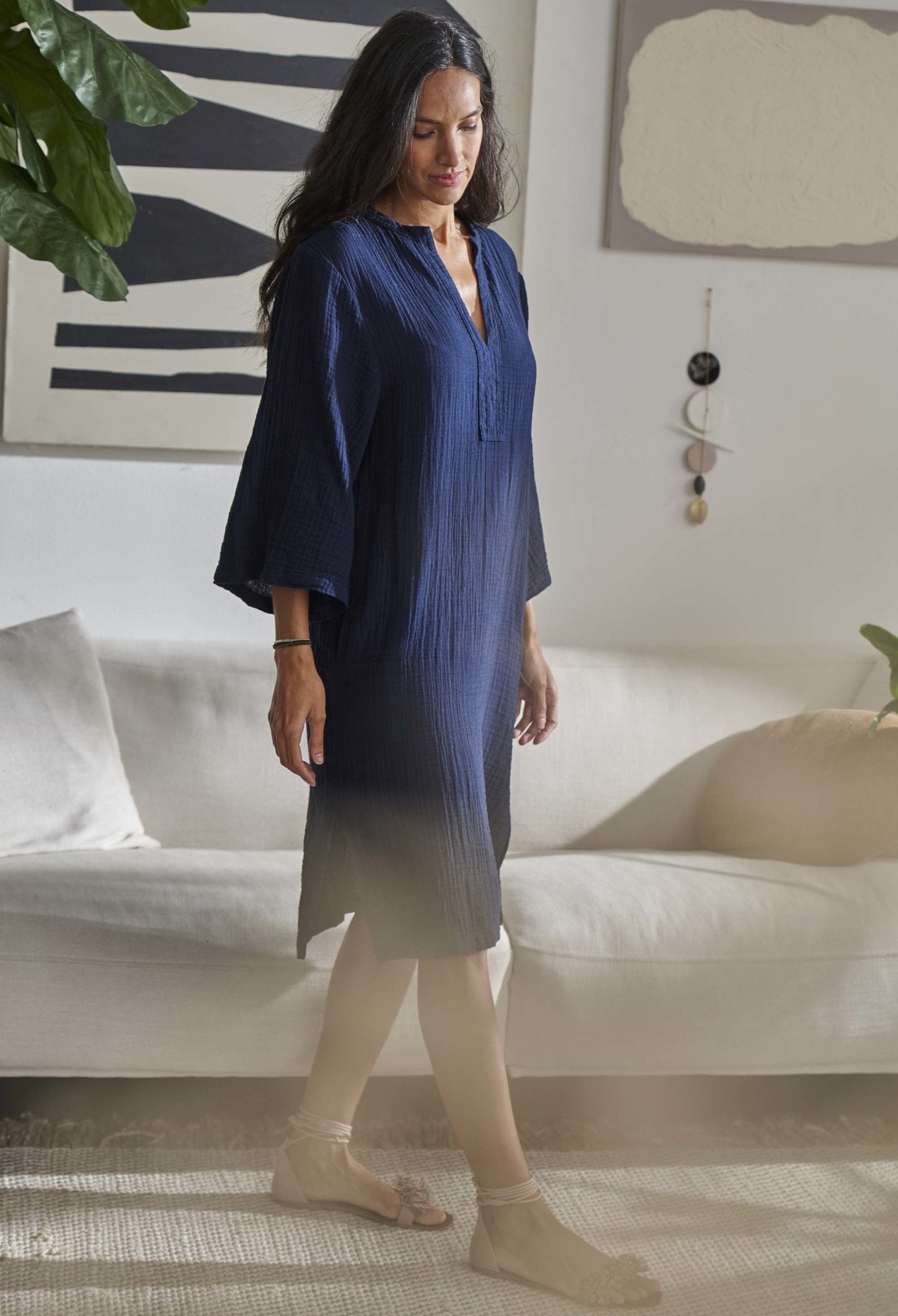 Navy Short Gauze Tunic Dress with Pockets - Sale - ocean+main