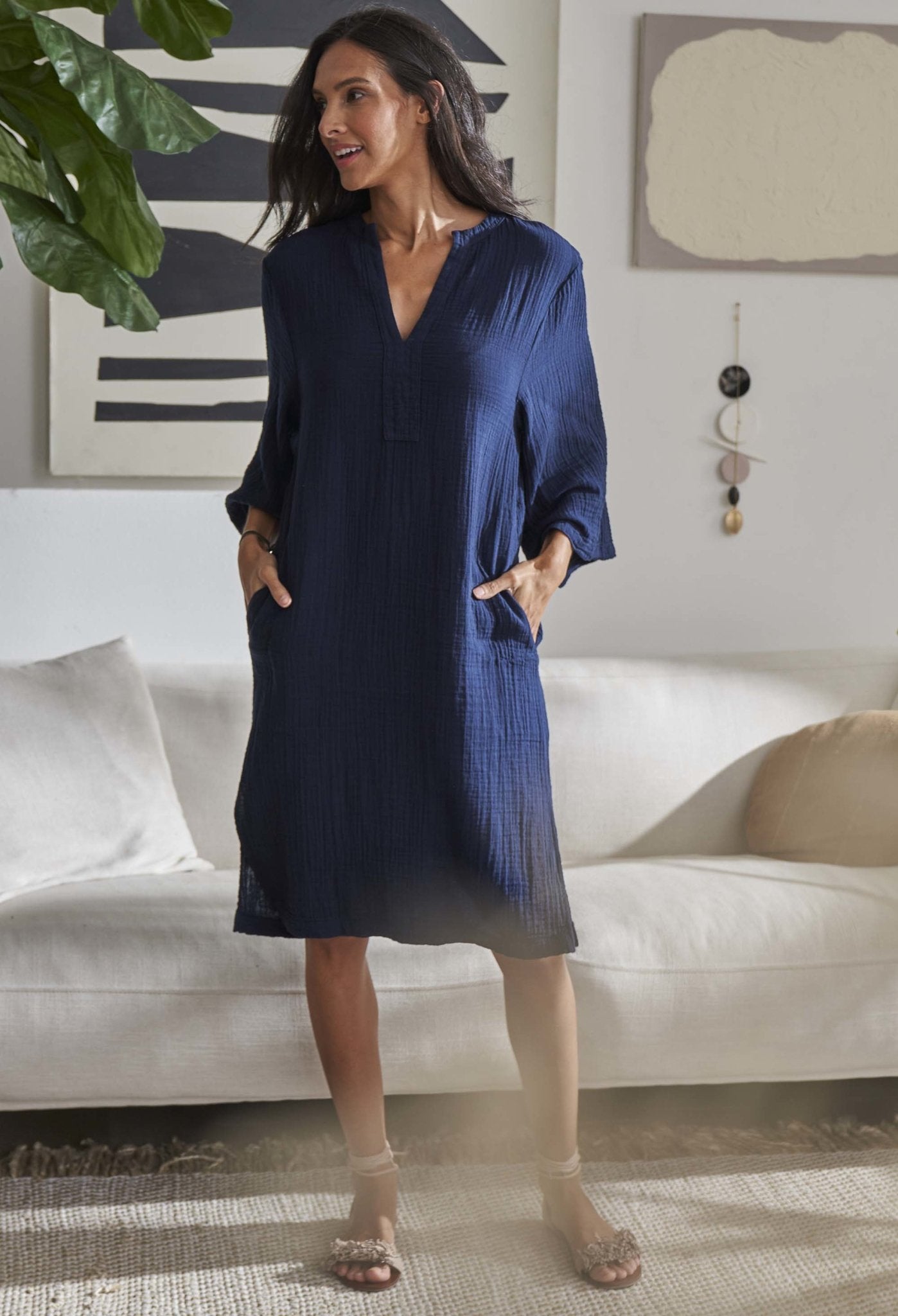 Navy Short Gauze Tunic Dress with Pockets - Sale - ocean+main