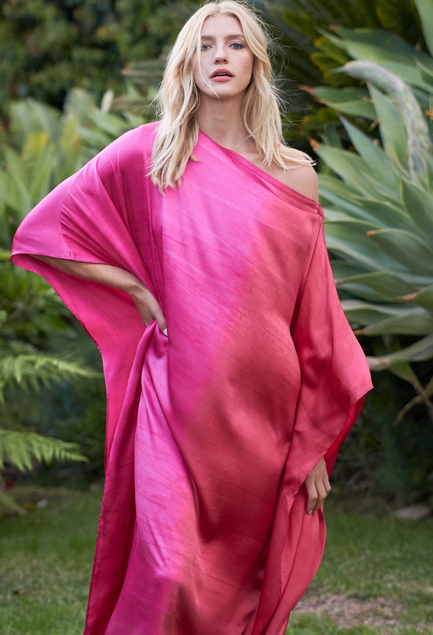Ombre Fuchsia and Red Boatneck Silk Caftan - ocean+main