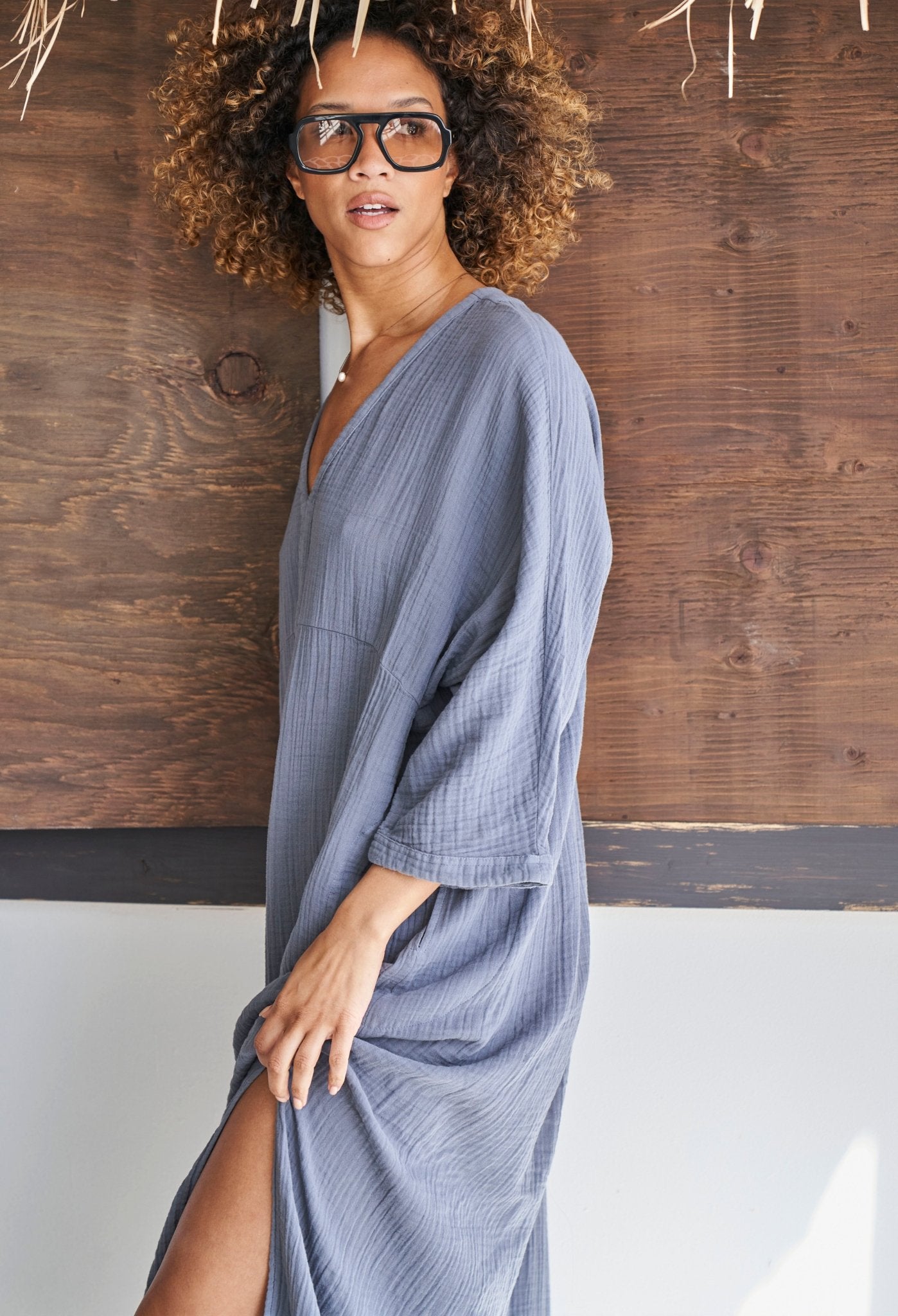 Petrol Cotton Gauze Arc Seam Caftan - ocean+main