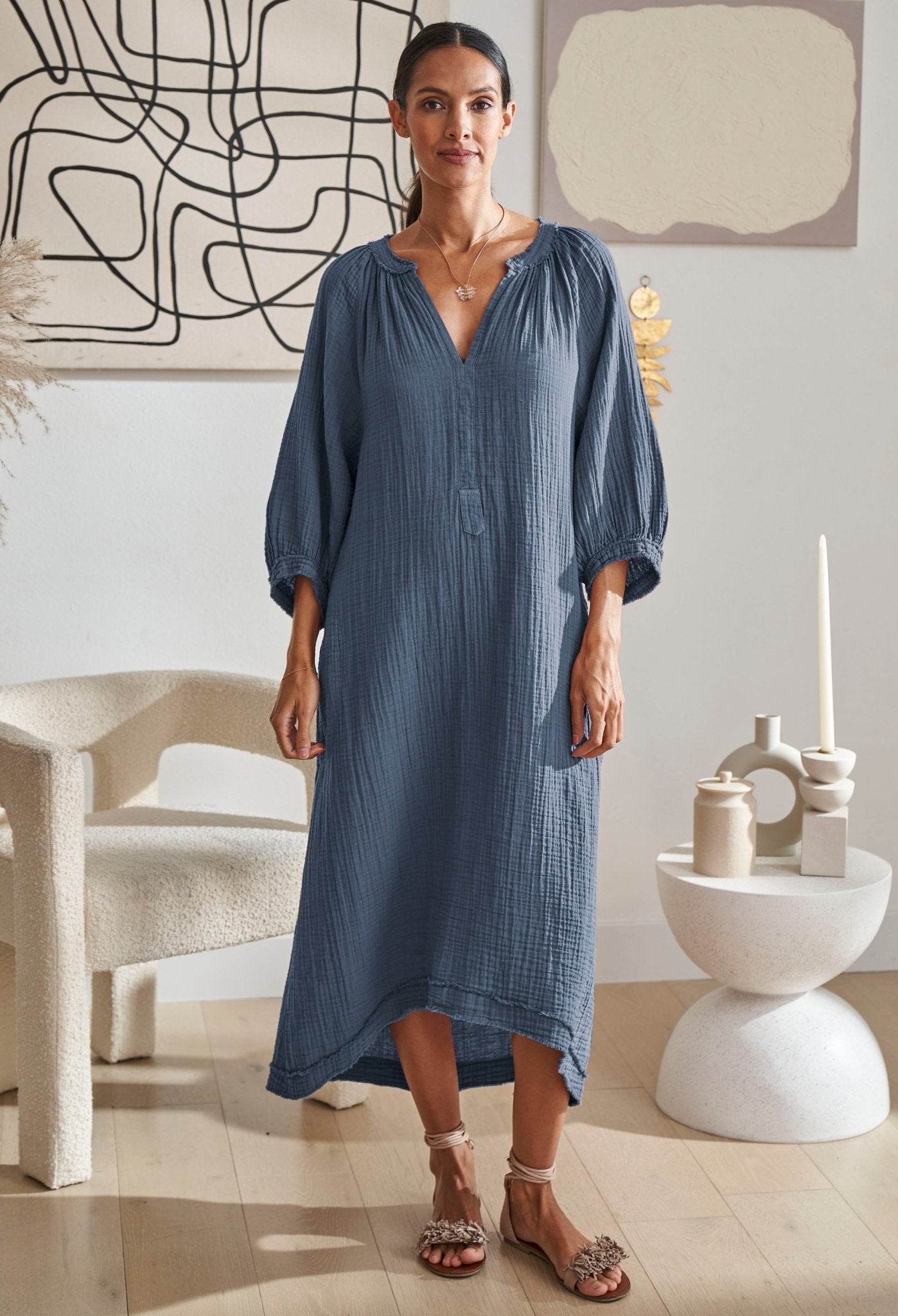 Petrol Gauze Dress with Pockets - ocean+main