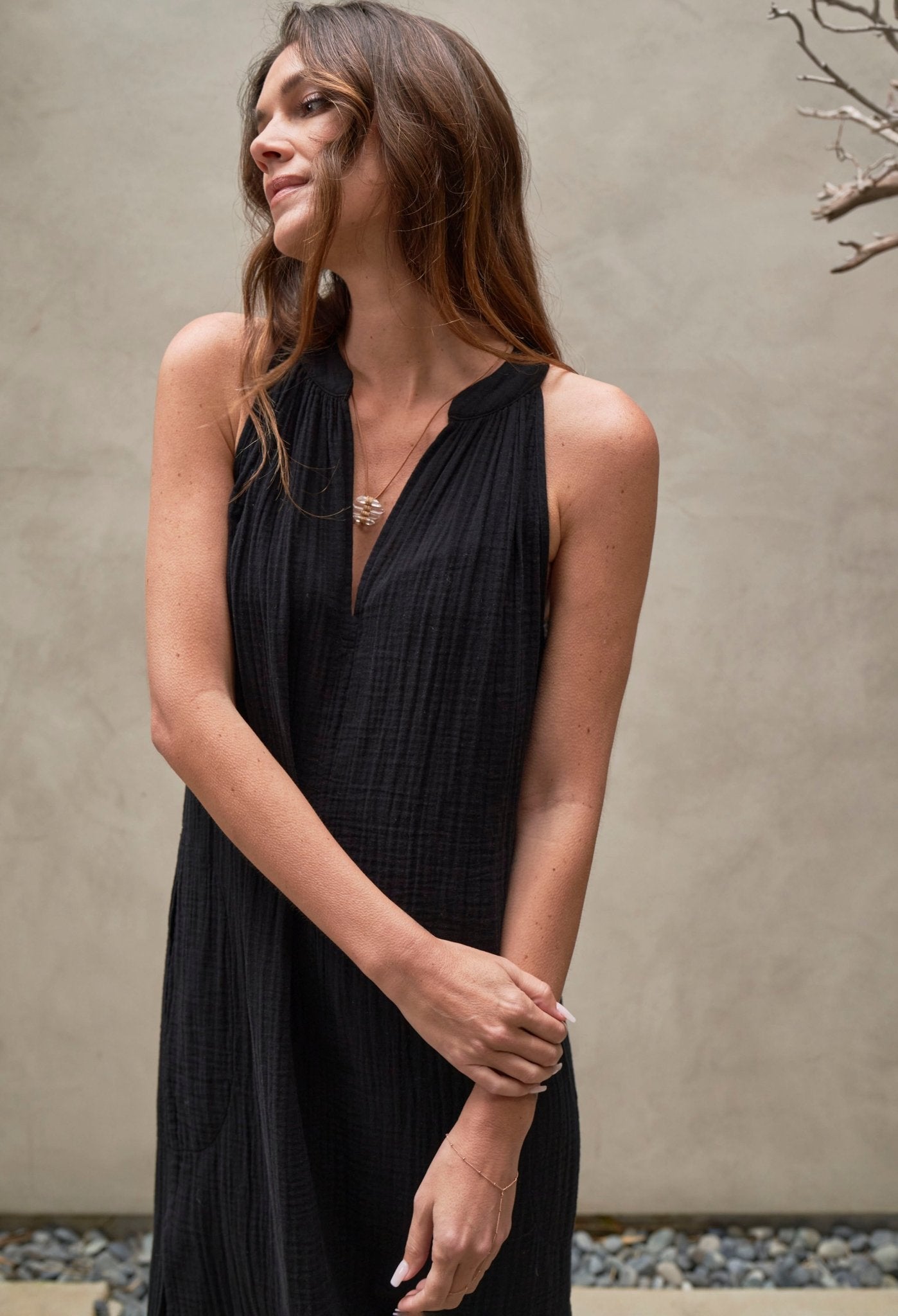 Sleeveless Black Gauze Midi Dress with Pockets - ocean+main