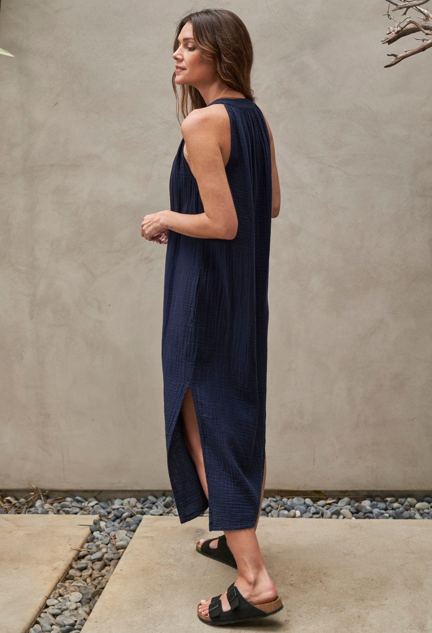 Sleeveless Navy Gauze Dress with Pockets - ocean+main