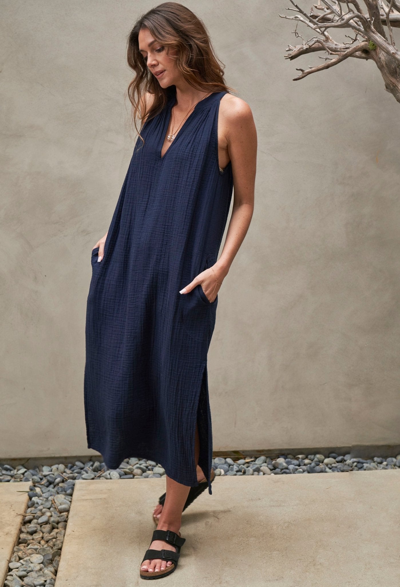 Sleeveless Navy Gauze Dress with Pockets - ocean+main