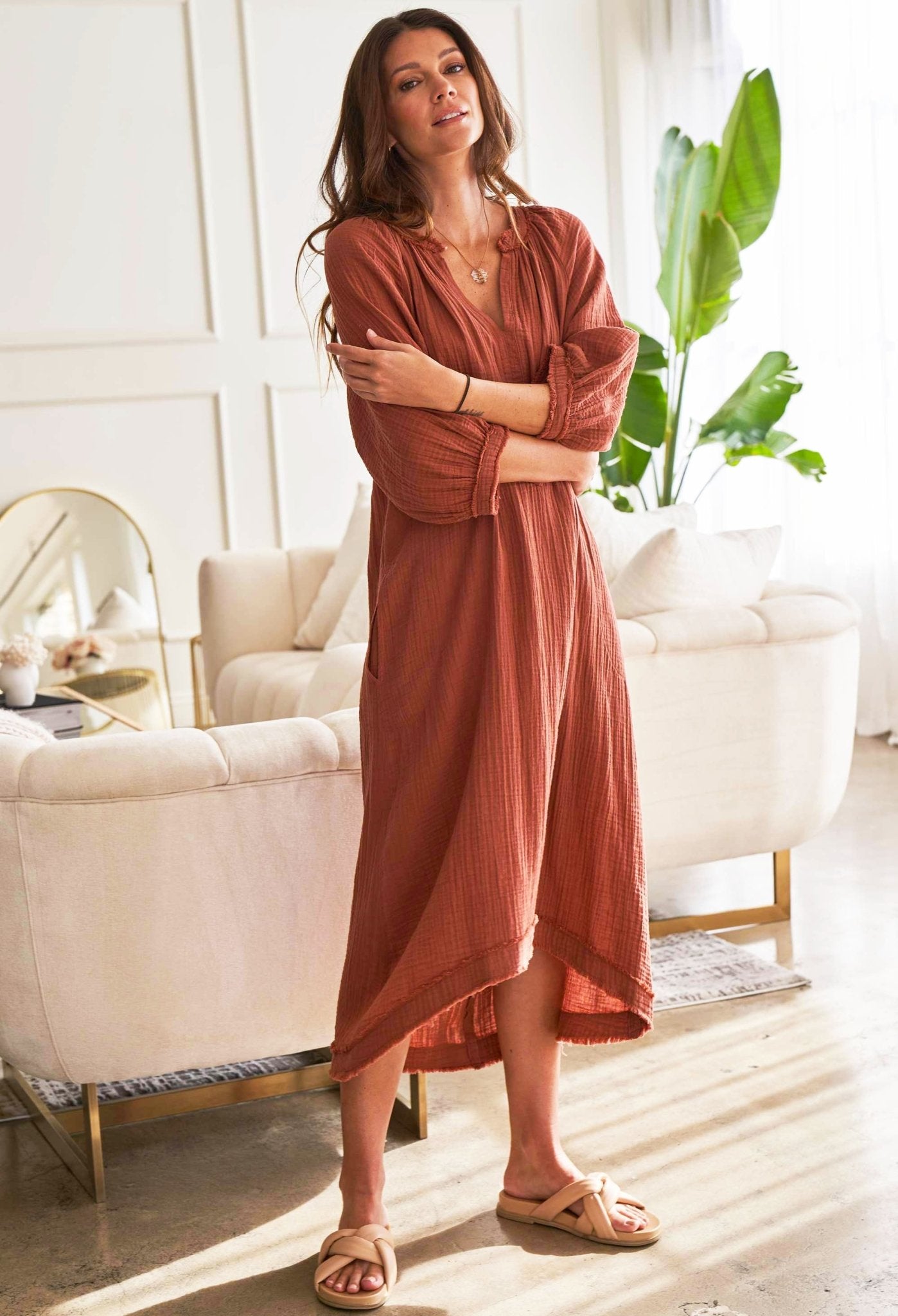 Terracotta Gauze Dress with Pockets - ocean+main