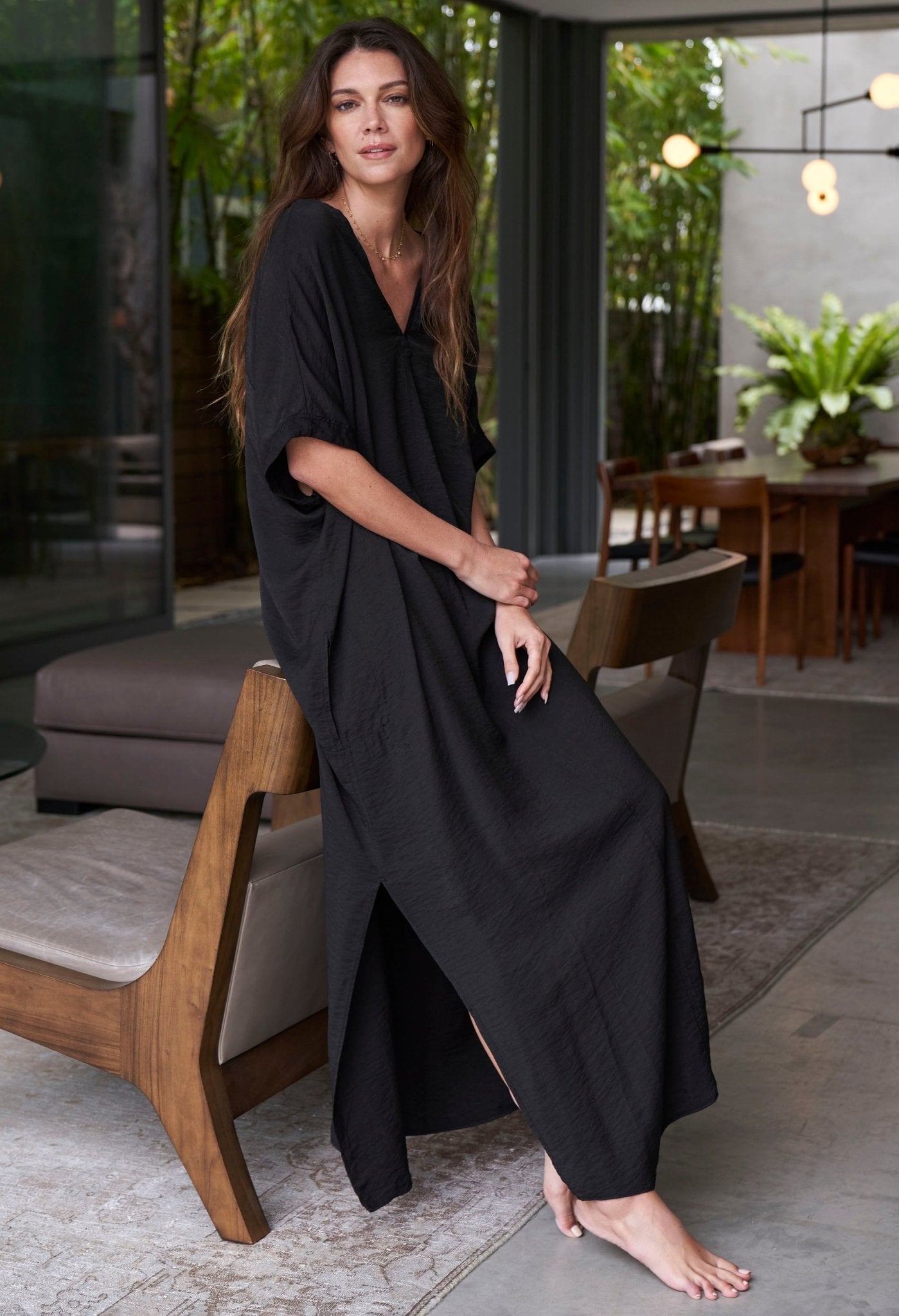 UPCYCLED - Mykonos Black Cupro V-Neck Long Caftan - ocean+main