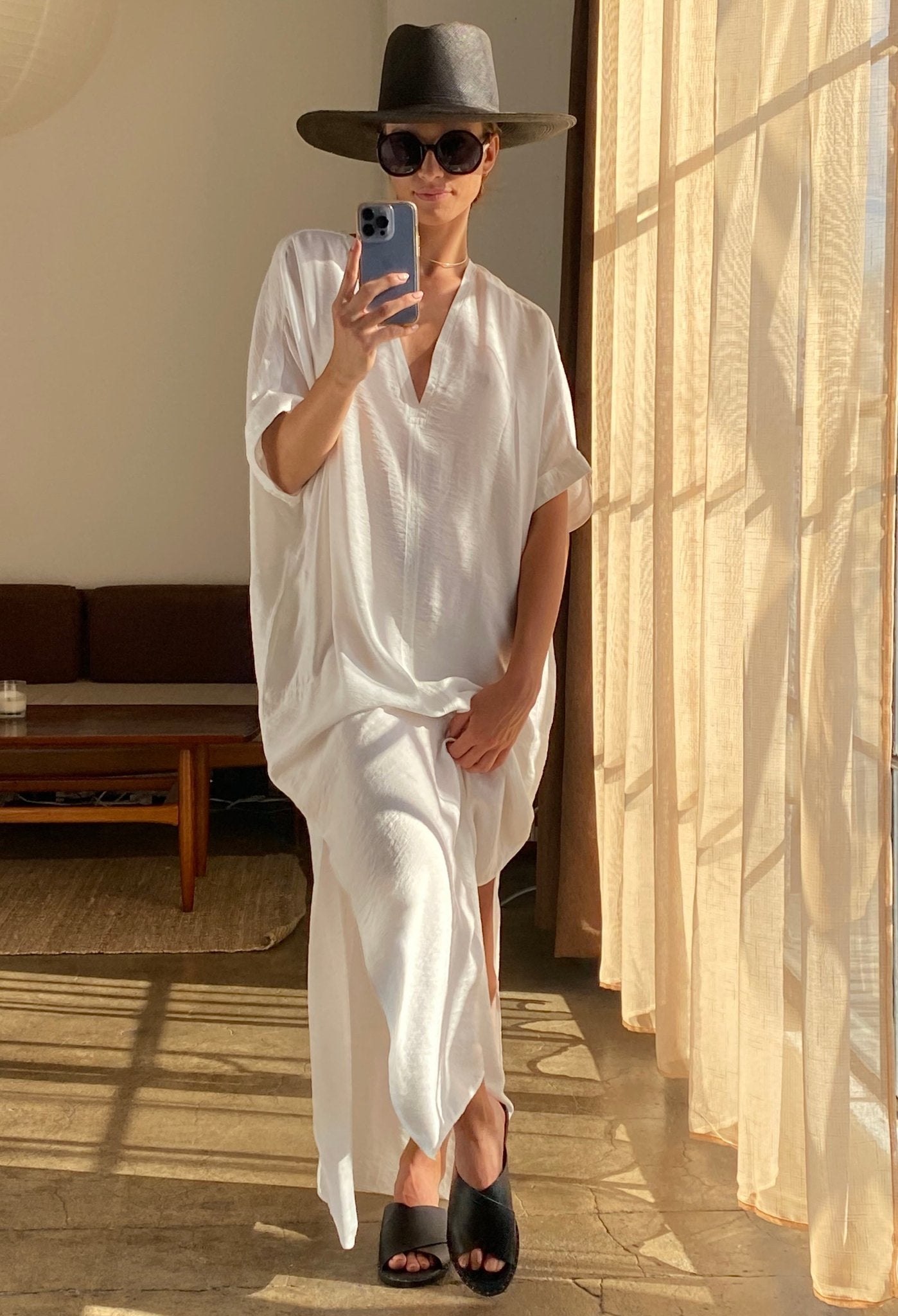 UPCYCLED - Mykonos White Cupro V-Neck Long Caftan - ocean+main
