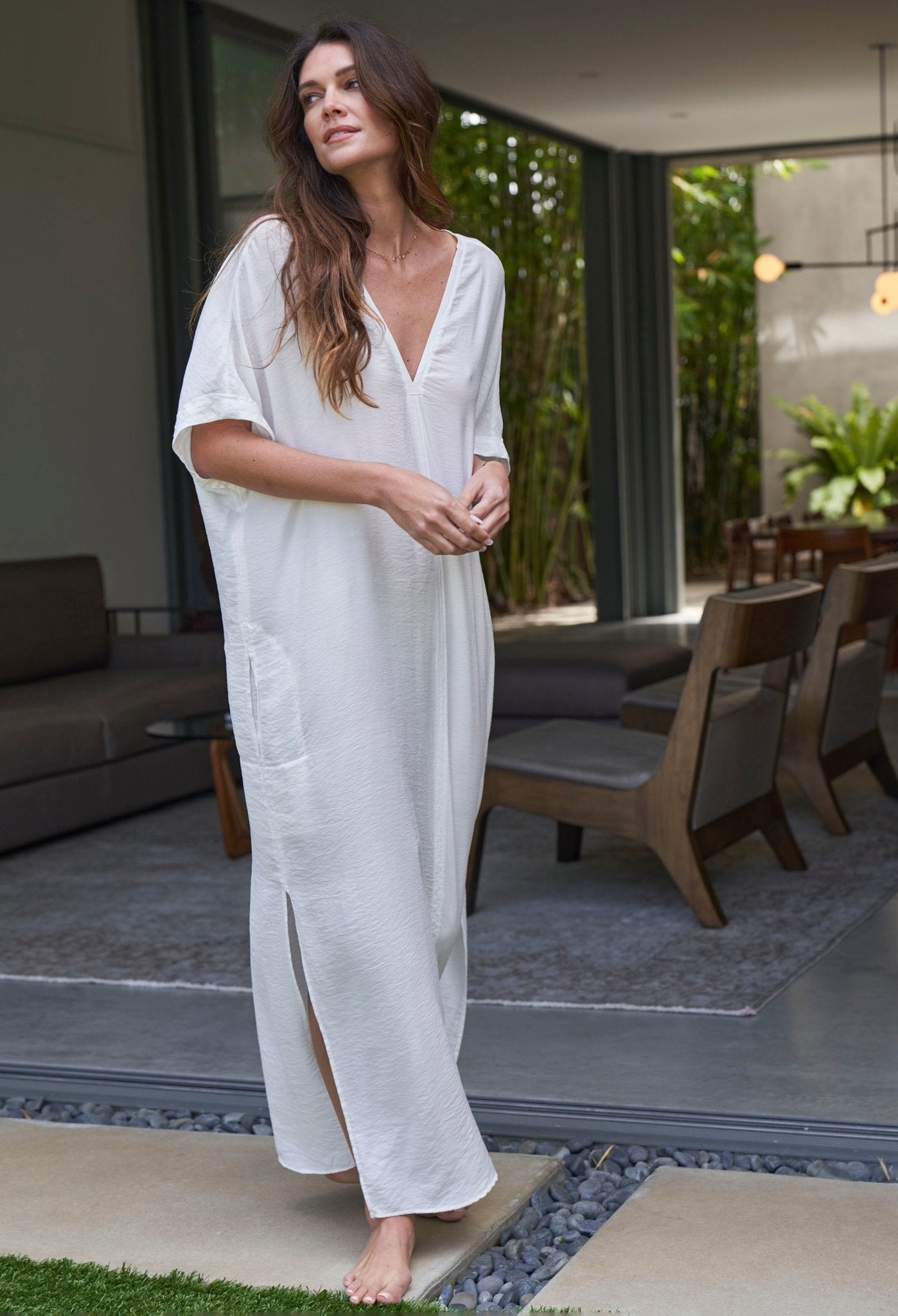 UPCYCLED - Mykonos White Cupro V-Neck Long Caftan - ocean+main