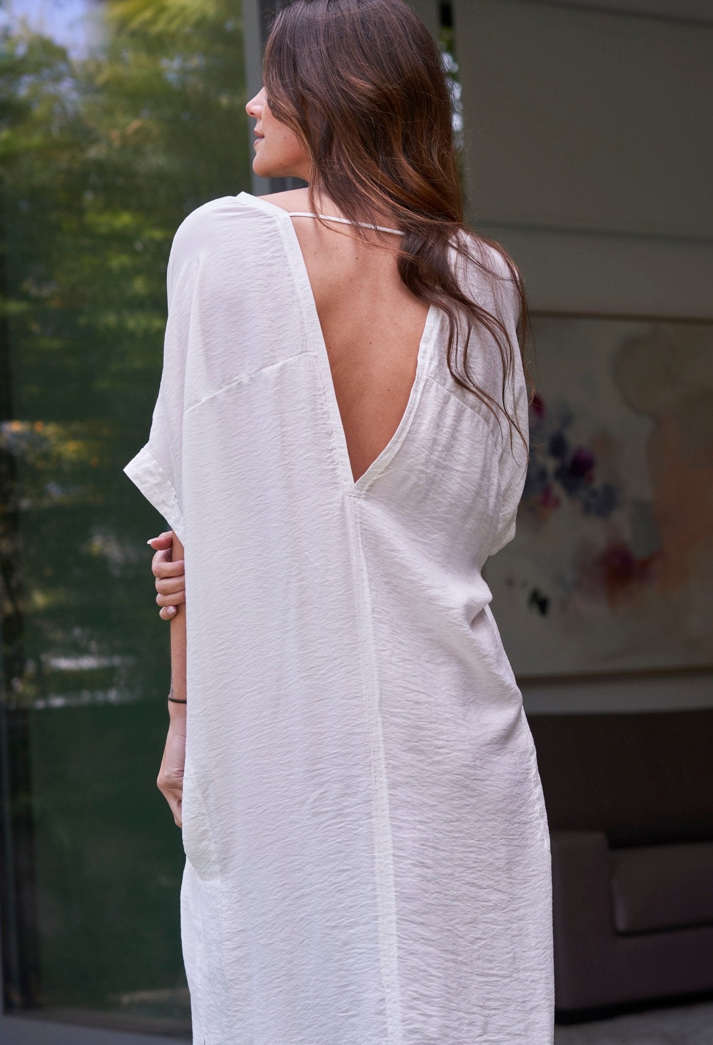 UPCYCLED - Mykonos White Cupro V-Neck Long Caftan - ocean+main