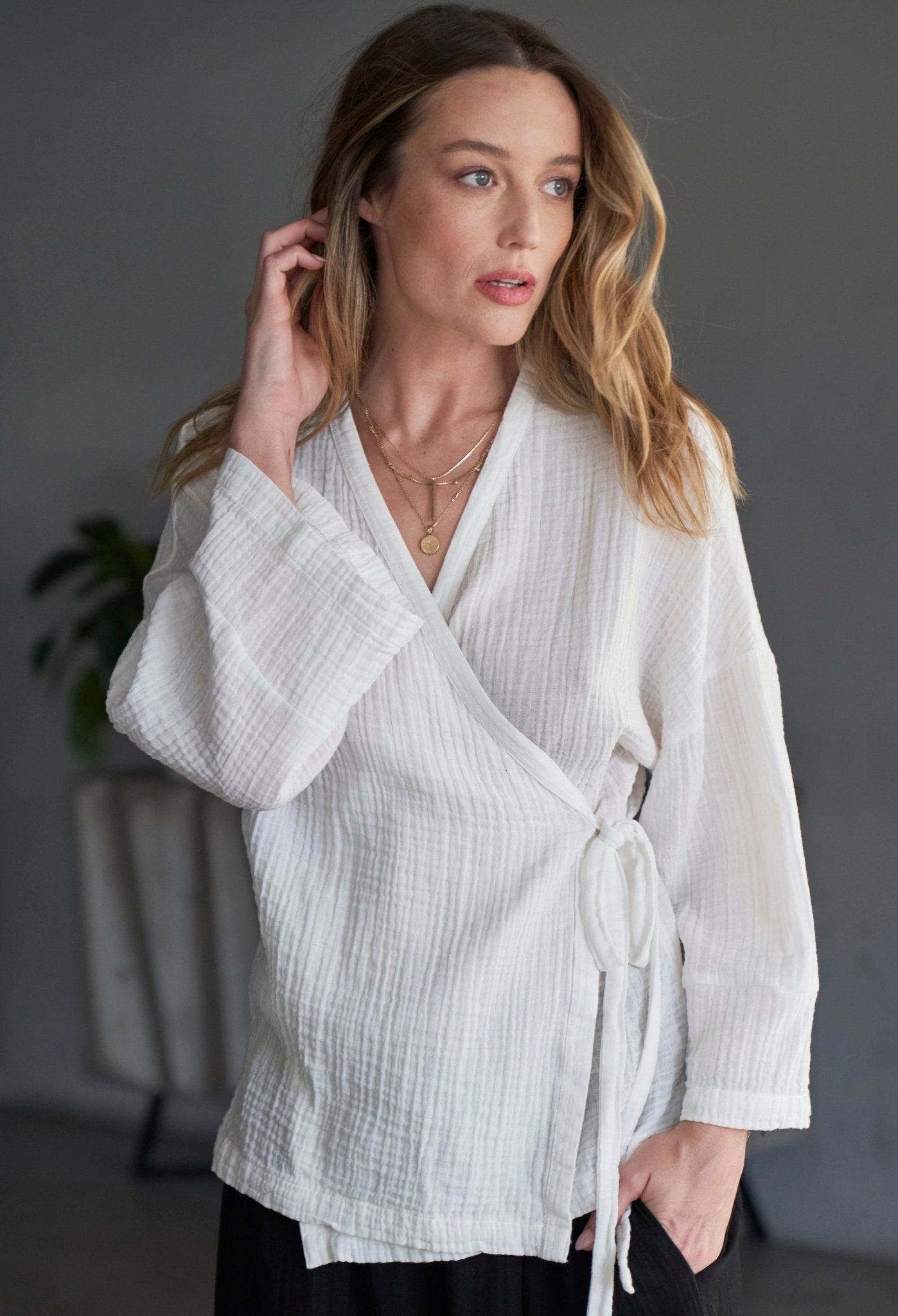 White Kimono Sleeve Gauze Wrap Top - ocean+main