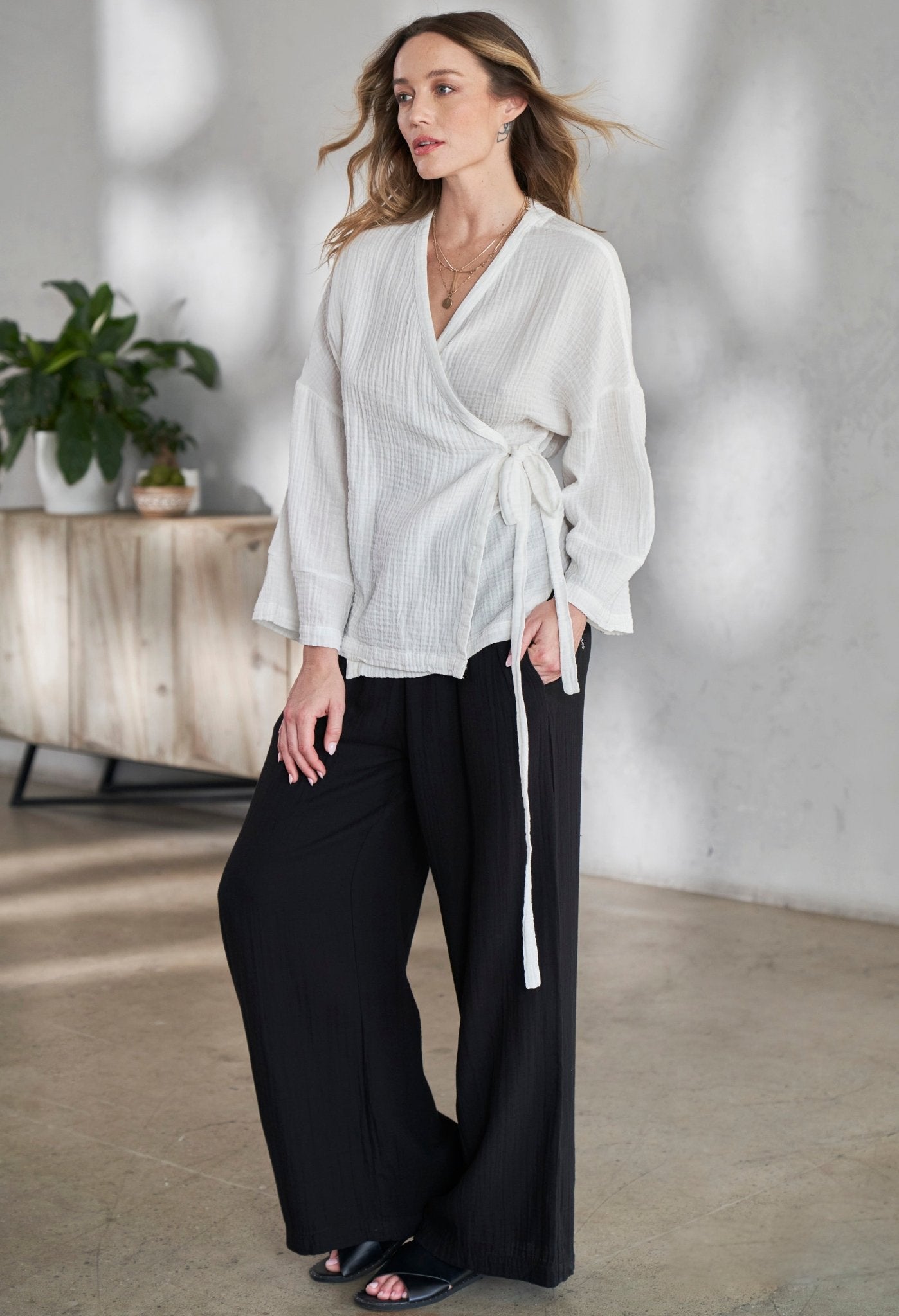 White Kimono Sleeve Gauze Wrap Top - ocean+main