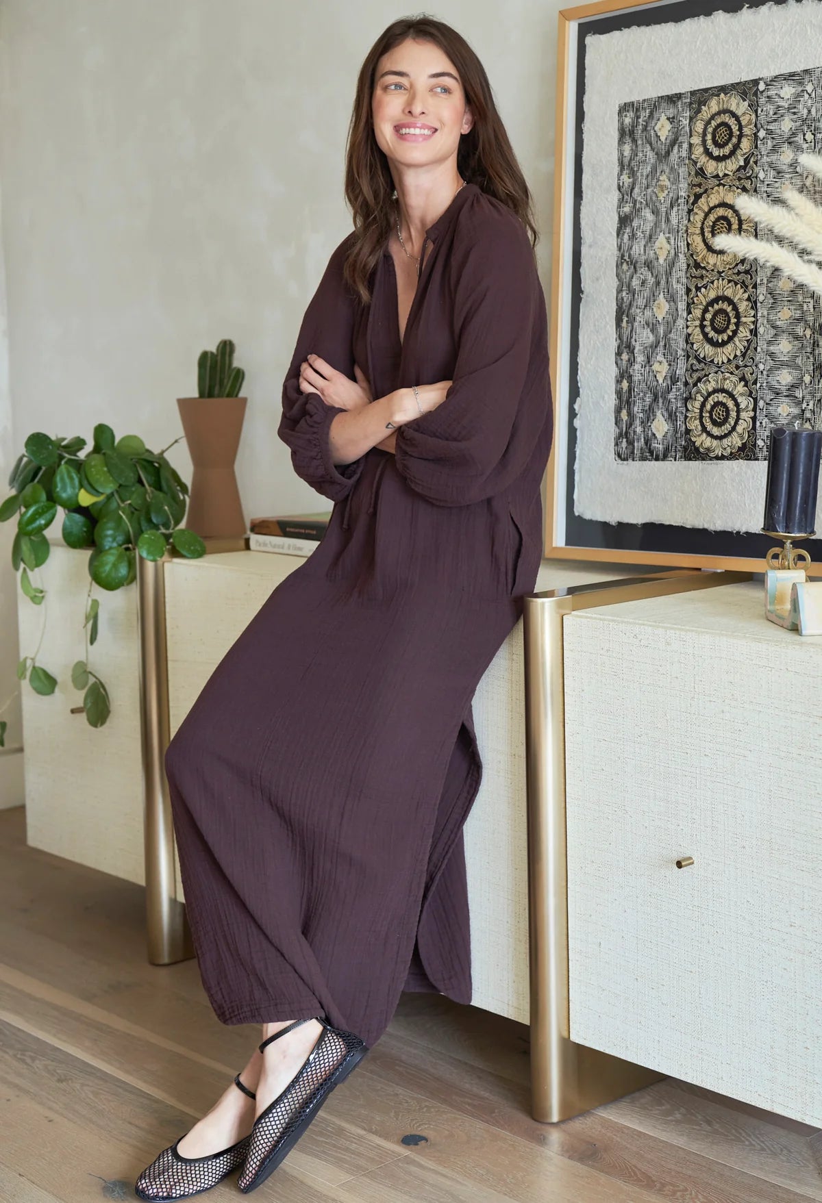 Avery Chocolate Long Tie Neck Dress Gauze Caftan