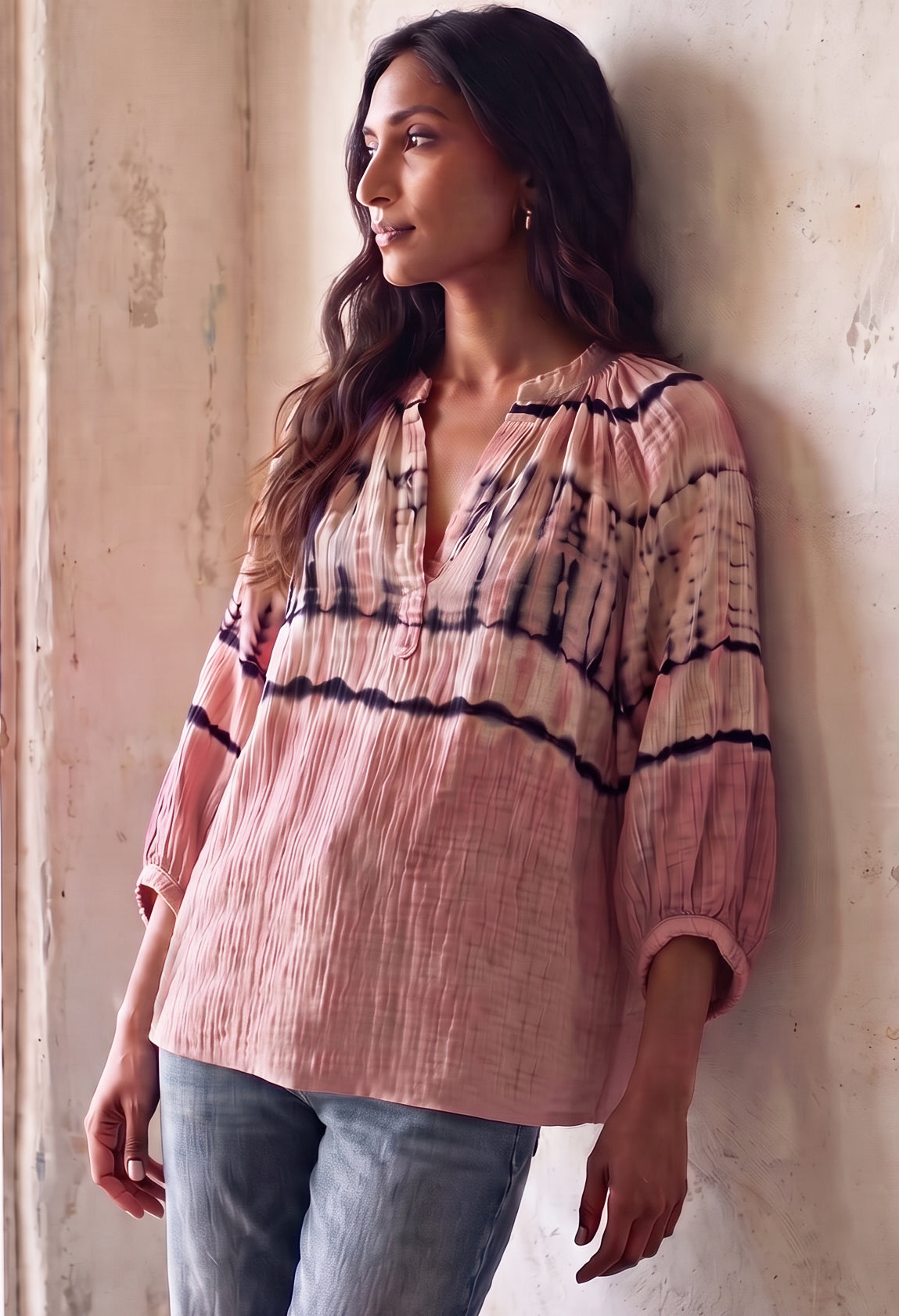 Aztec Print Gauze Top | Hand-Dyed Cotton V-Neck Blouse, Made in LA