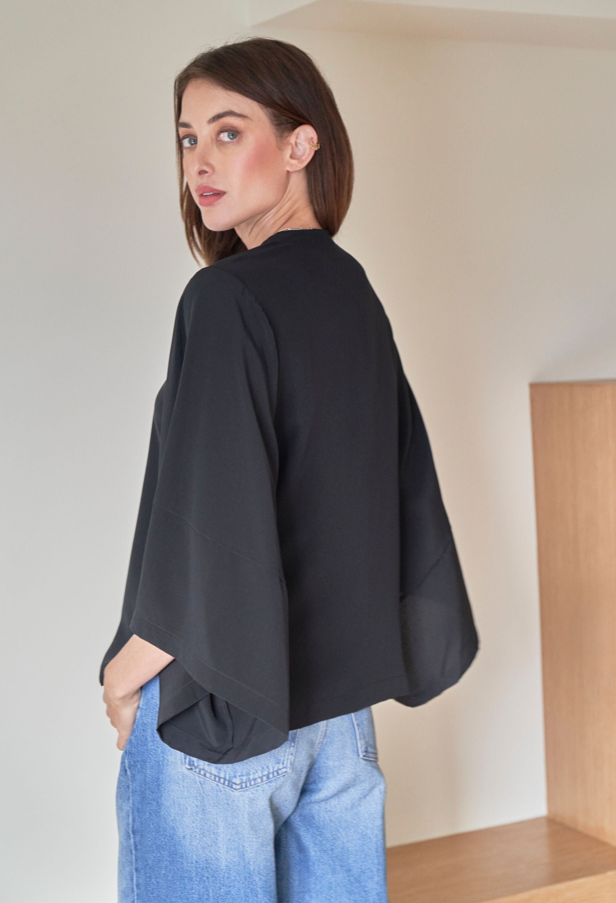 Black Silk Kimono Sleeve Top
