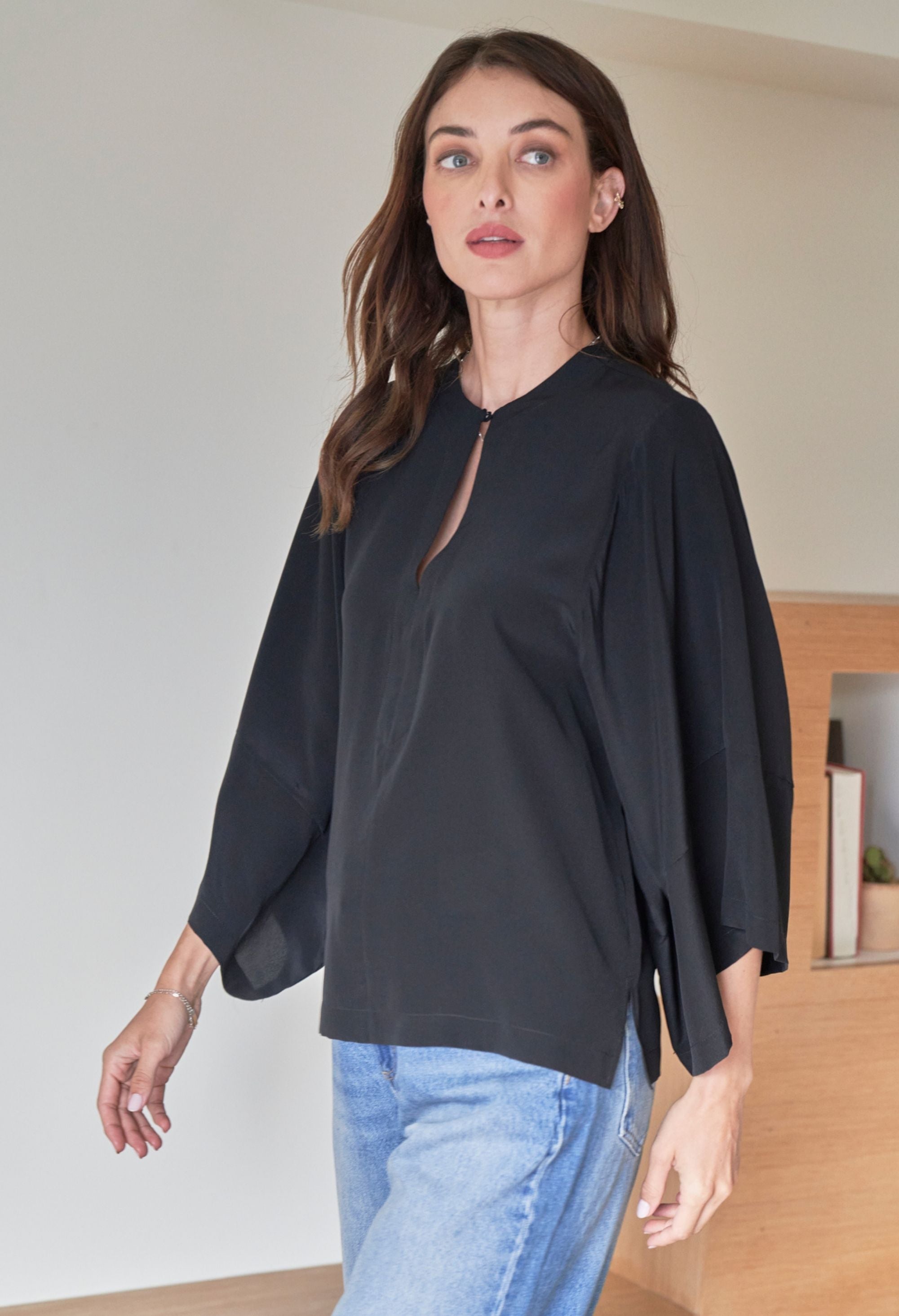 Black Silk Kimono Sleeve Top