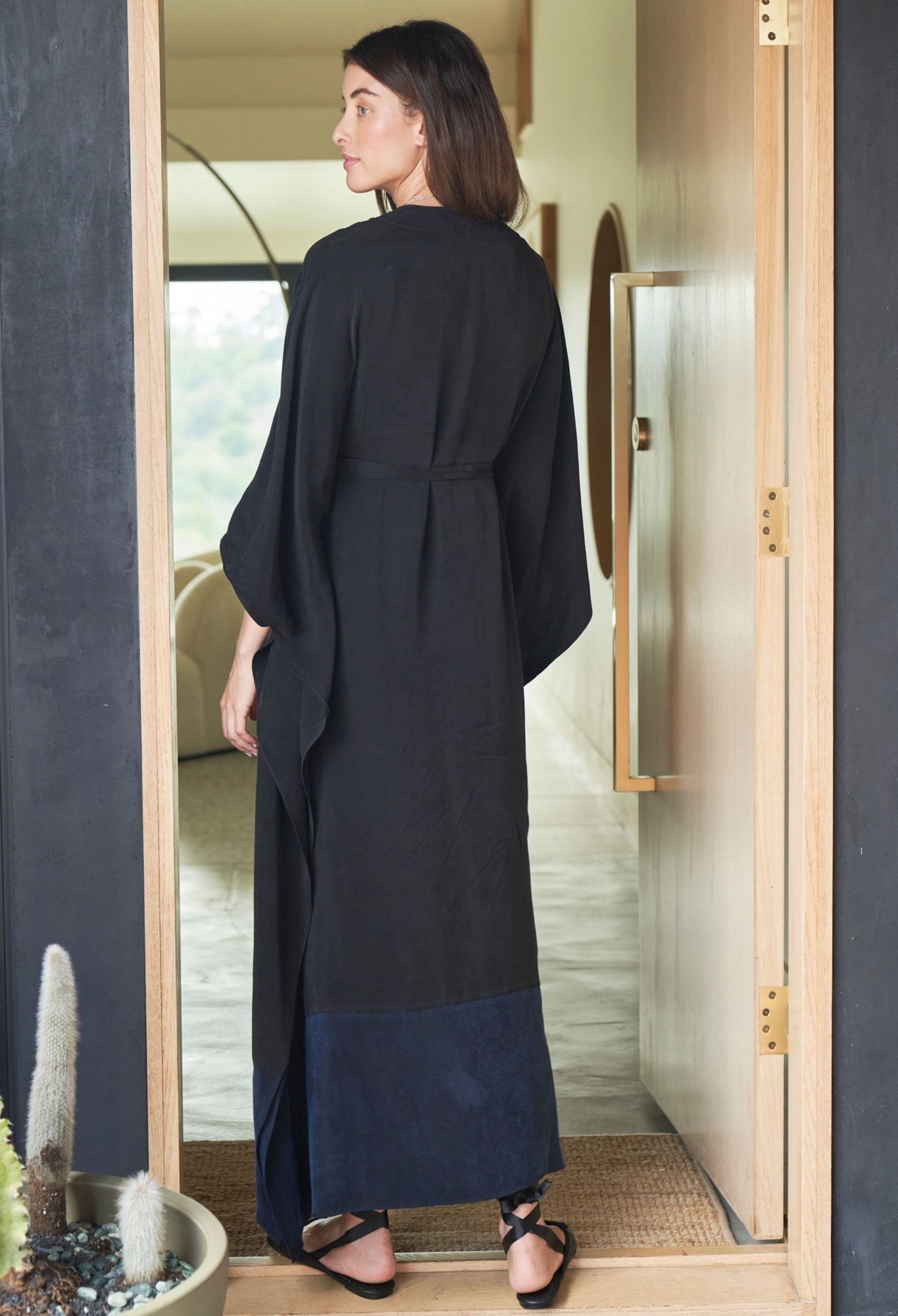 Black and Navy Cupro Caftan with Removable Belt