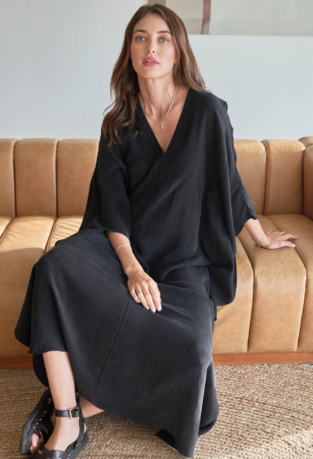 Black Cupro Caftan with Removable Belt