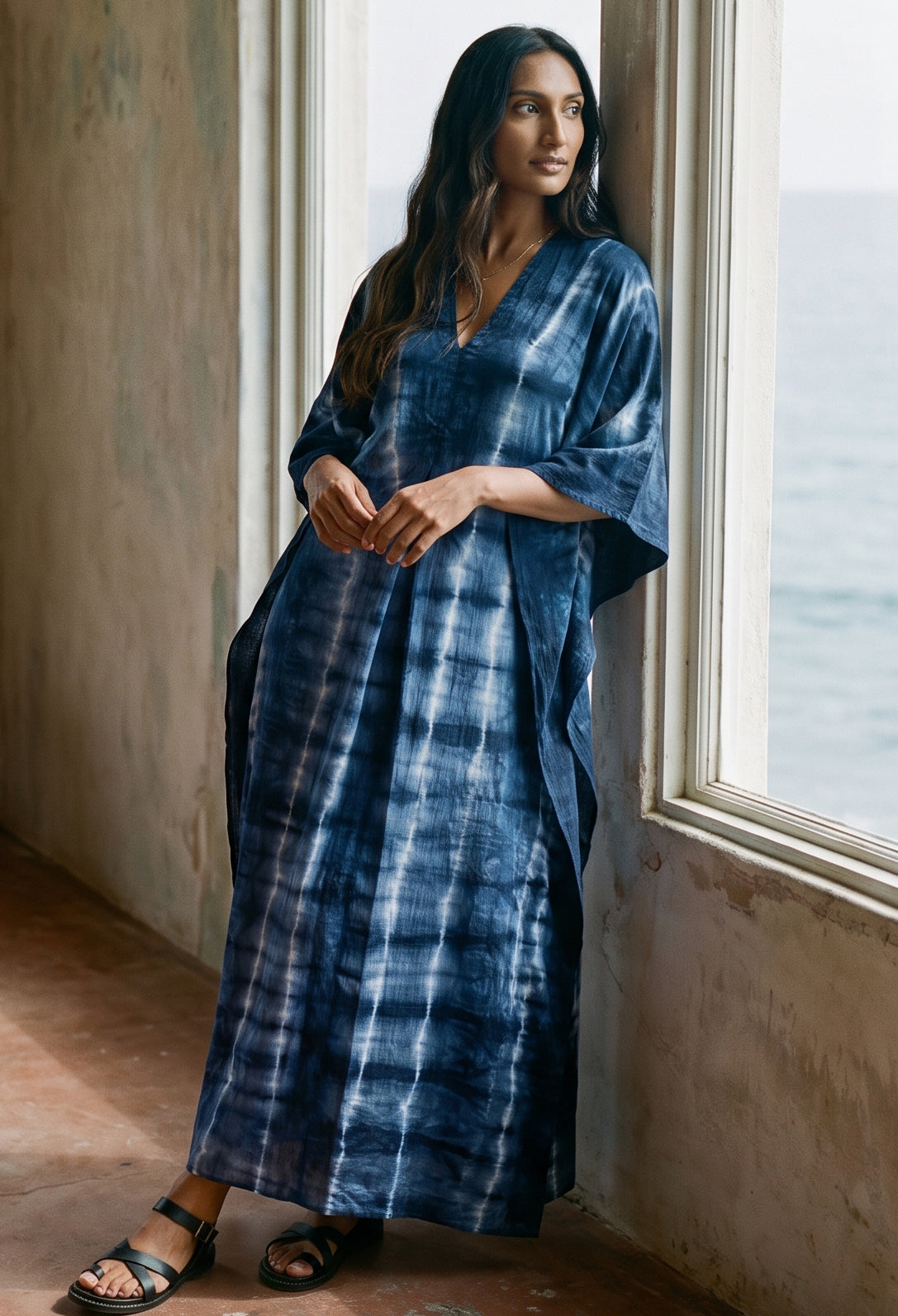 Long Navy Tie Dye Maxi Cotton Classic Caftan