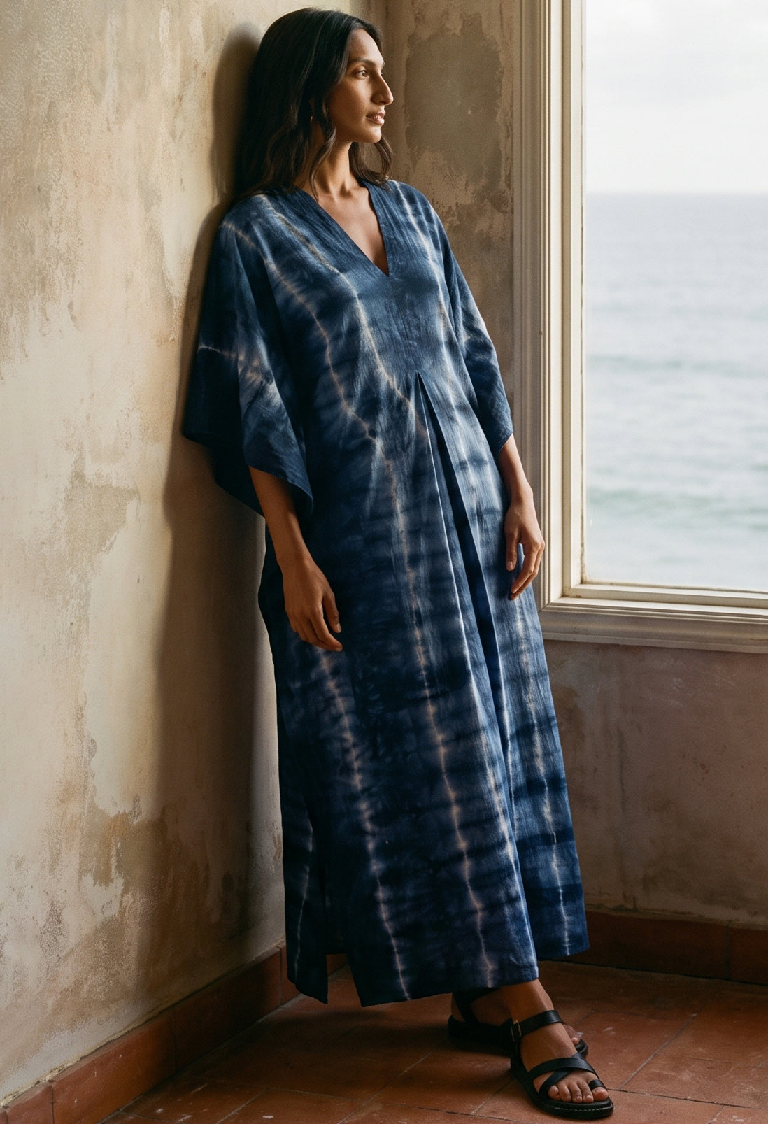 Long Navy Tie Dye Maxi Cotton Classic Caftan
