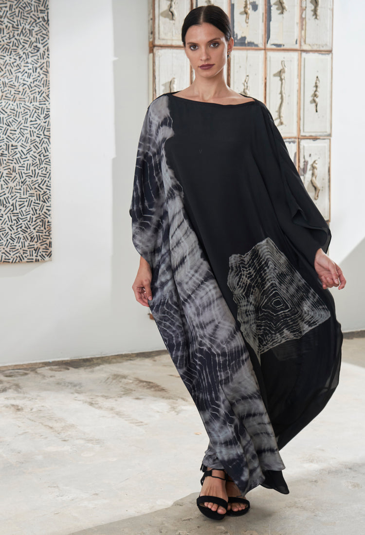 Fossil Print Black Silk Boatneck Caftan