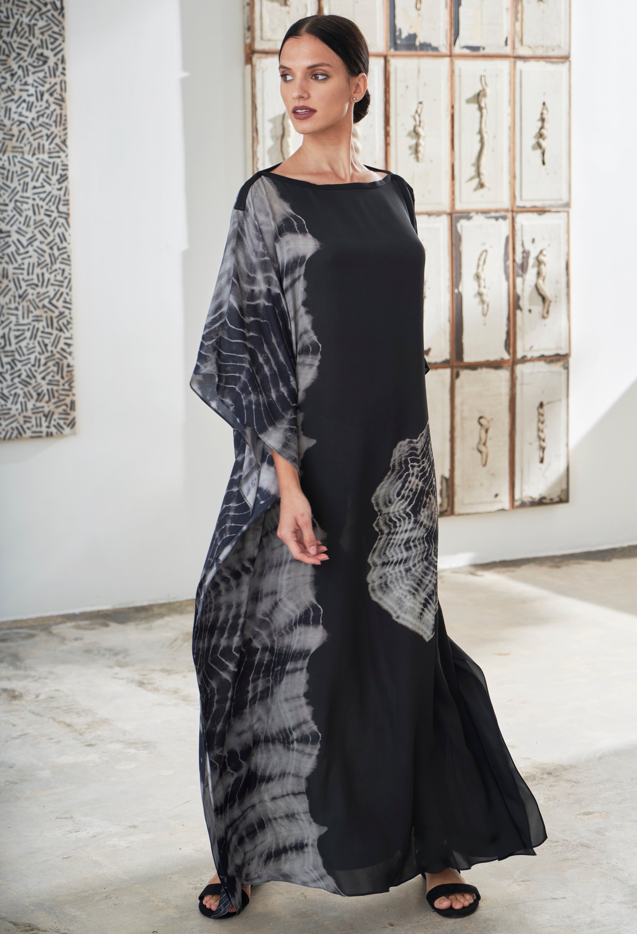 Fossil Print Black Silk Boatneck Caftan - Sale