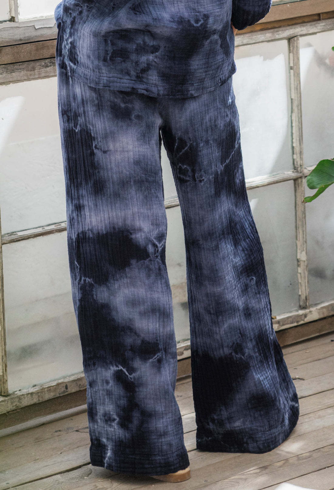 Milky Way Navy Tie Dye Gauze Palazzo Pant with Satin Tie Belt