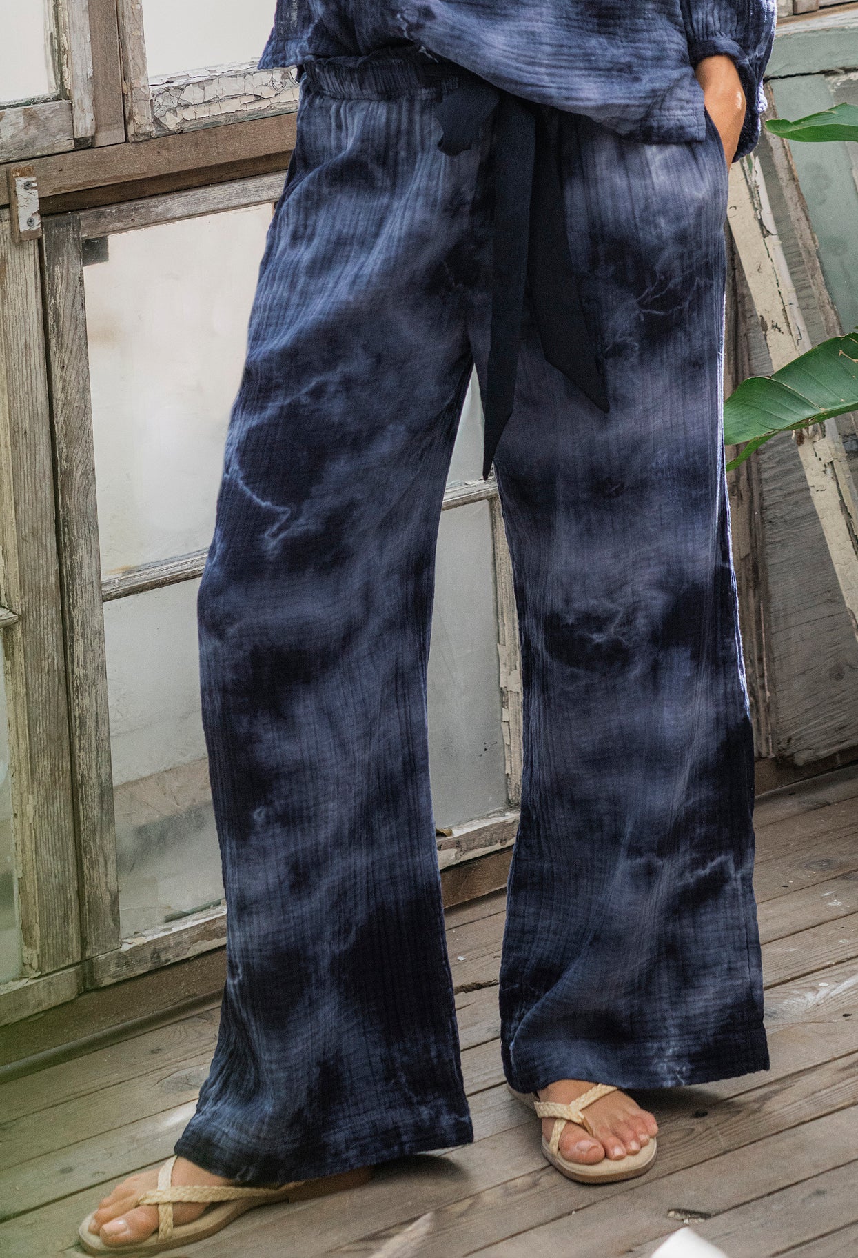 Milky Way Navy Tie Dye Gauze Palazzo Pant with Satin Tie Belt