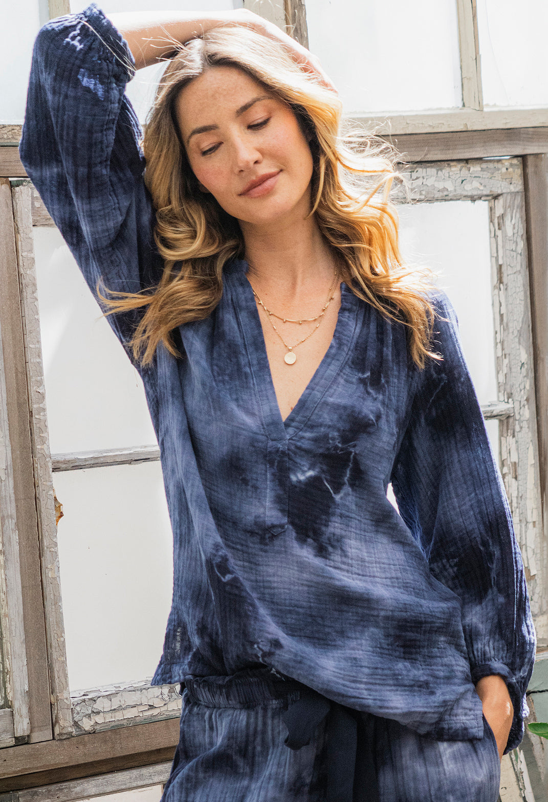 Milky Way Navy Tie Dye Gauze Top
