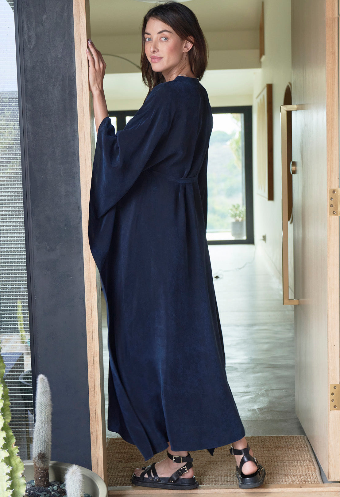 Navy Cupro Caftan with Removable Belt
