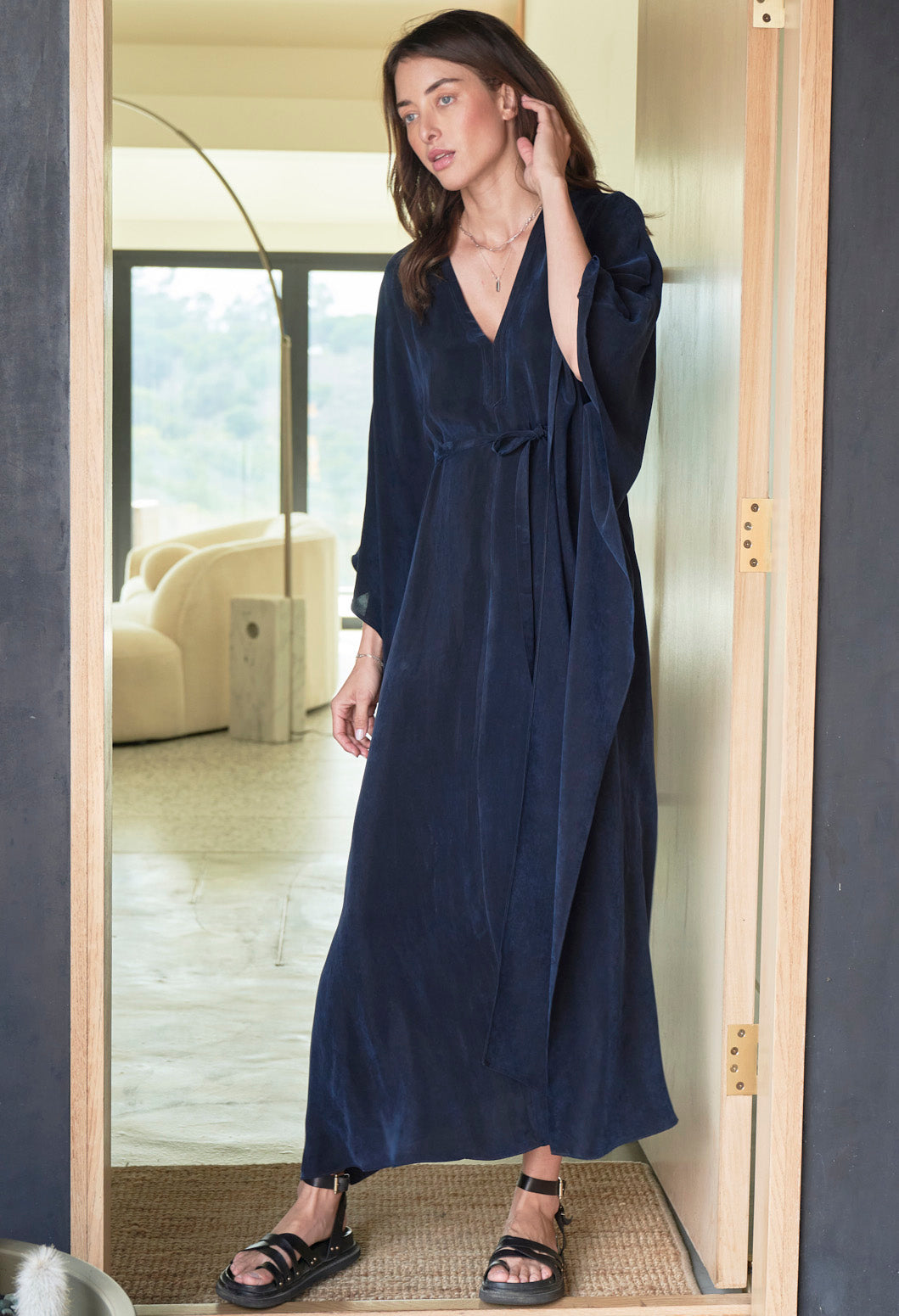 Navy Cupro Caftan with Removable Belt