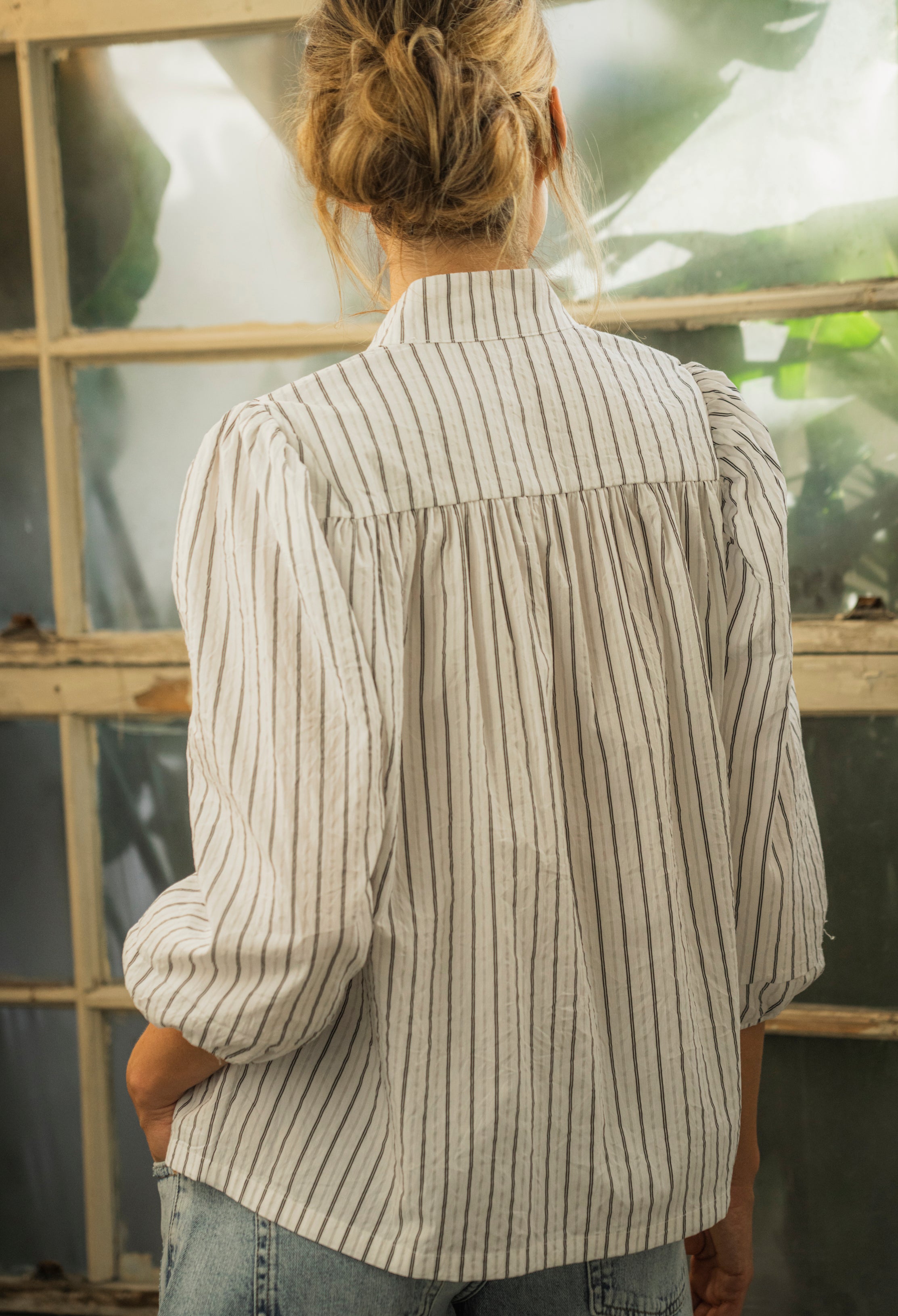 UPCYCLED:  LIMITED EDITION Black & White Mini Stripe Tie Neck Top