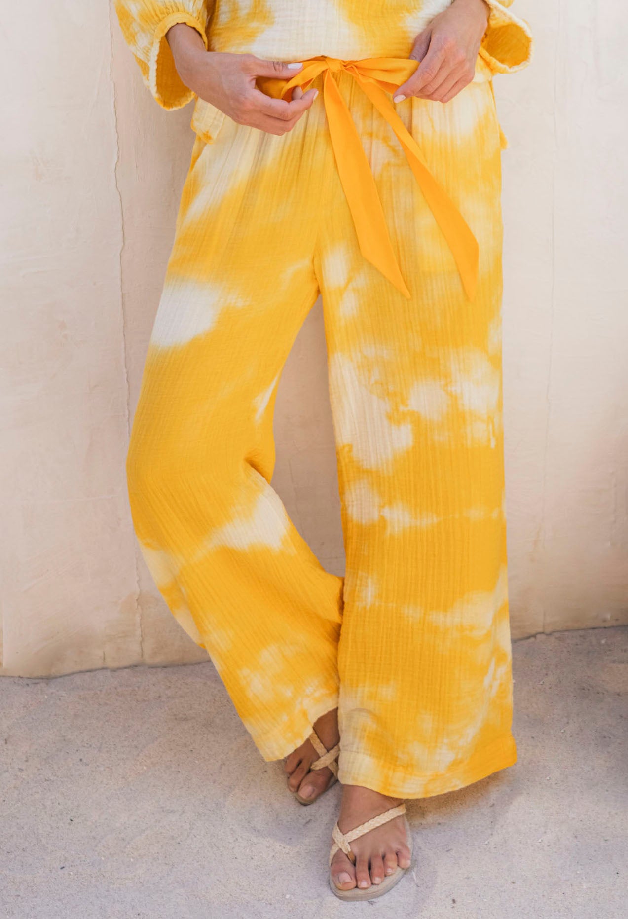Sunflower Tie Dye Gauze Palazzo Pant with Satin Tie Belt