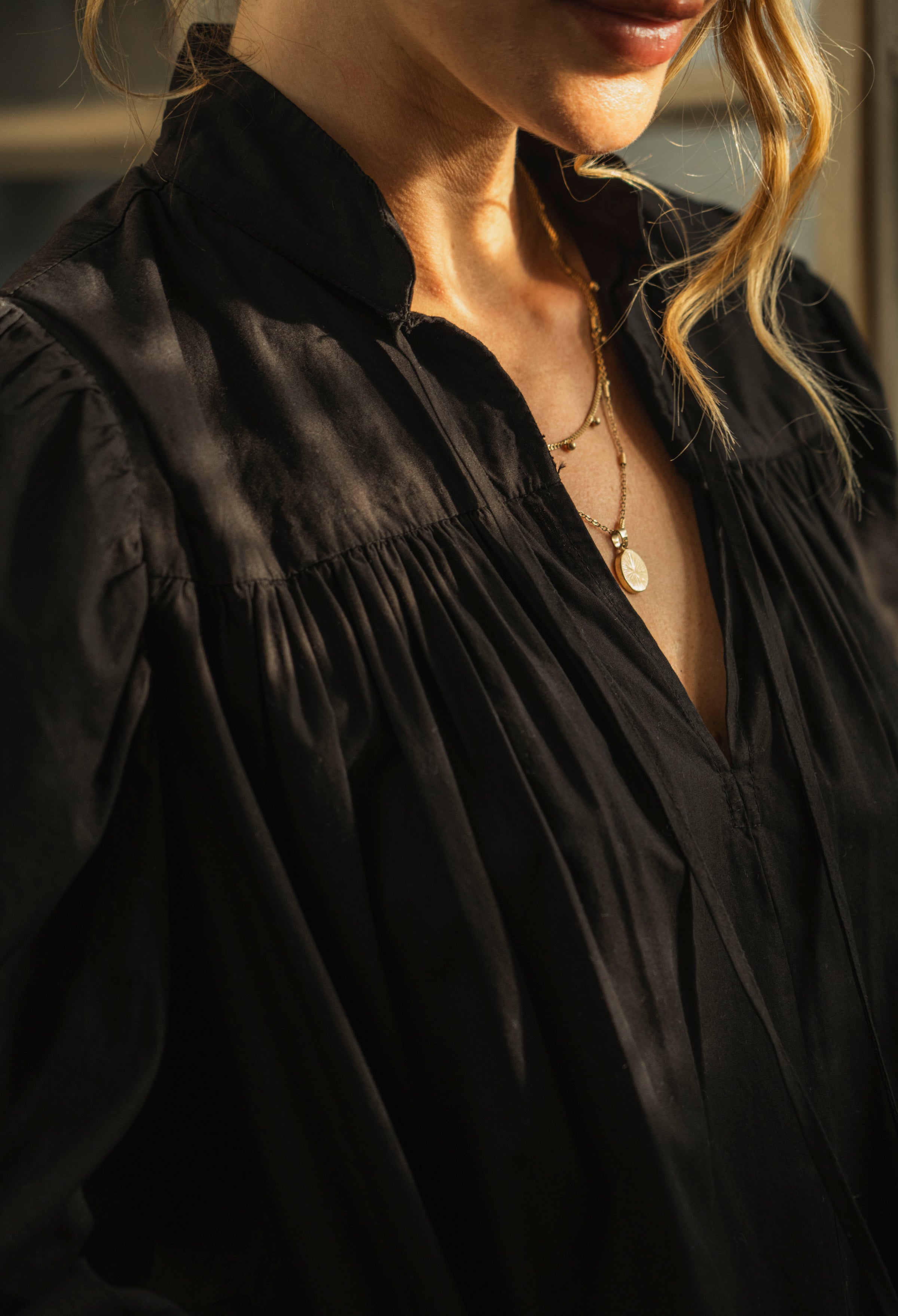 Black Cotton Tie Neck 3/4 Sleeve Top