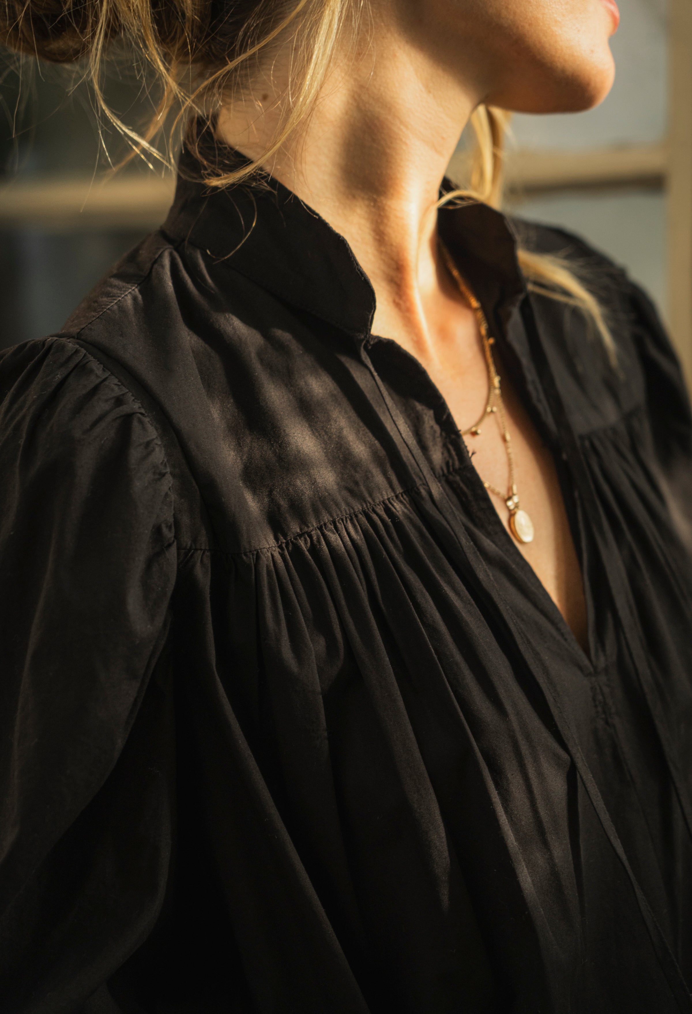 Black Cotton Tie Neck 3/4 Sleeve Top