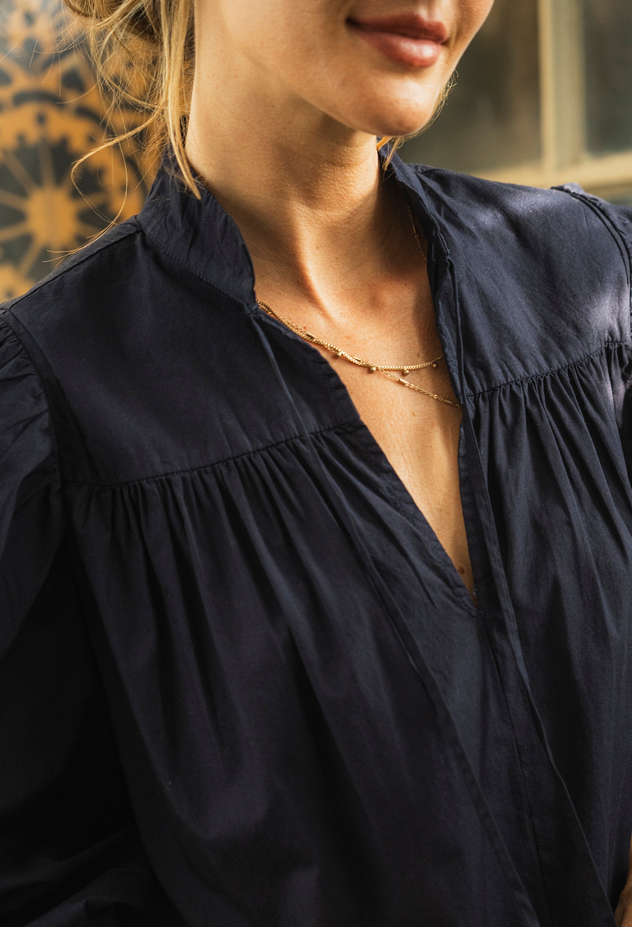 Navy Cotton Tie Neck 3/4 Sleeve Top