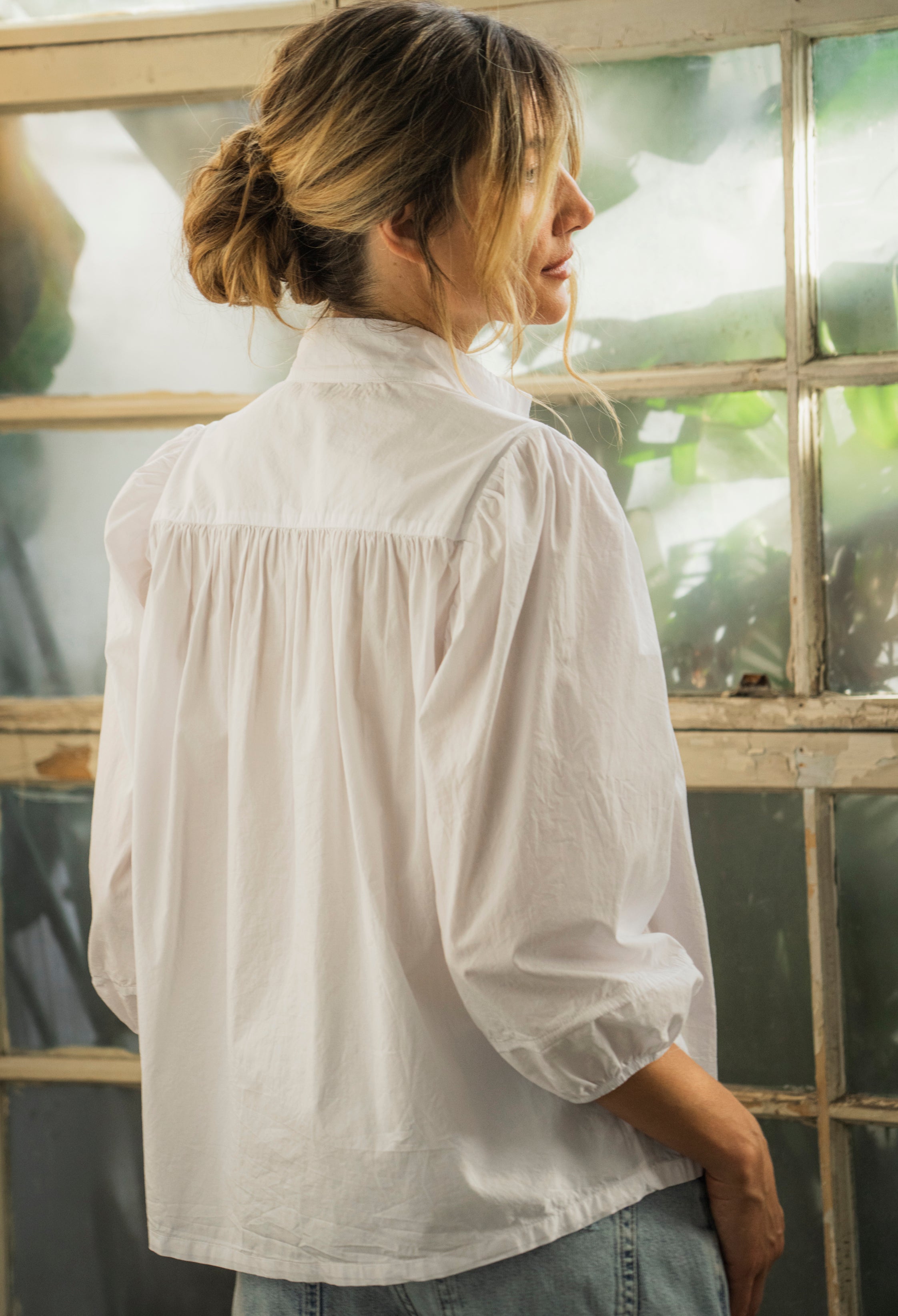 White Cotton Tie Neck 3/4 Sleeve Top