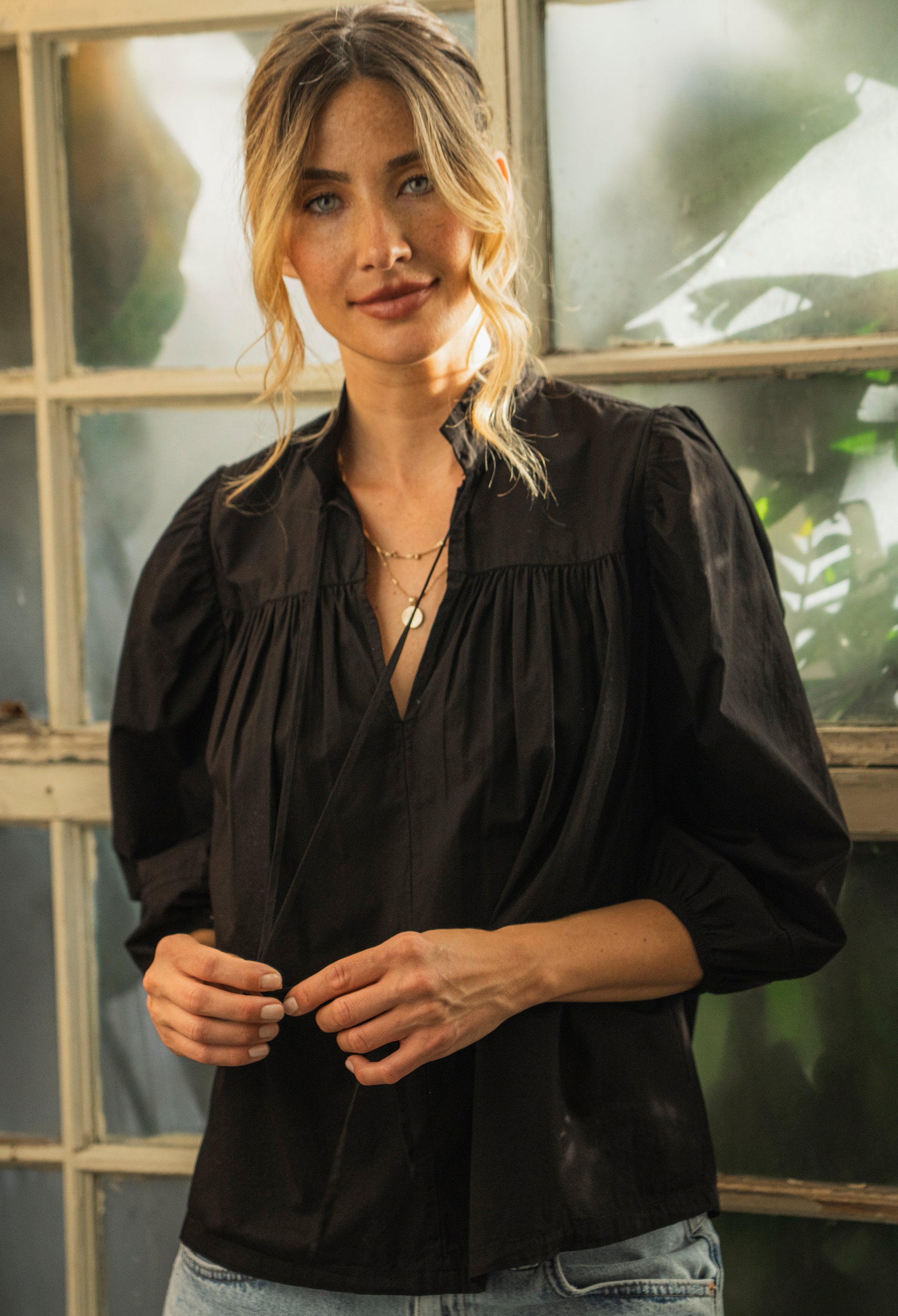 Black Cotton Tie Neck 3/4 Sleeve Top