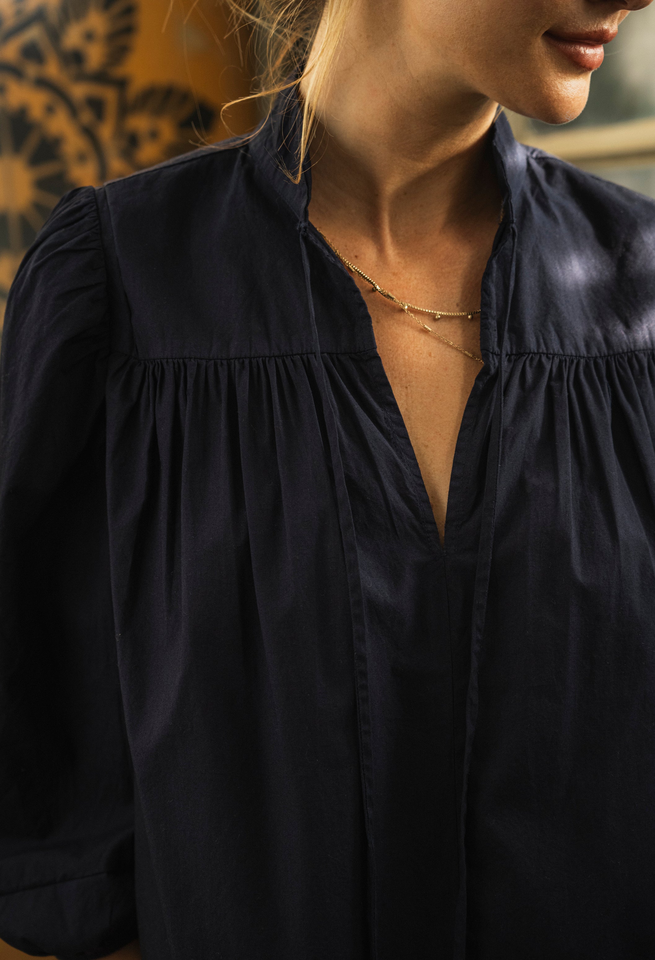 Navy Cotton Tie Neck 3/4 Sleeve Top