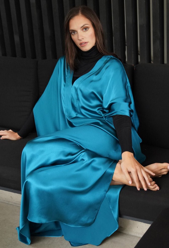 Aquamarine Silk Charmeuse V - Neck Placket Long Caftan - ocean+main