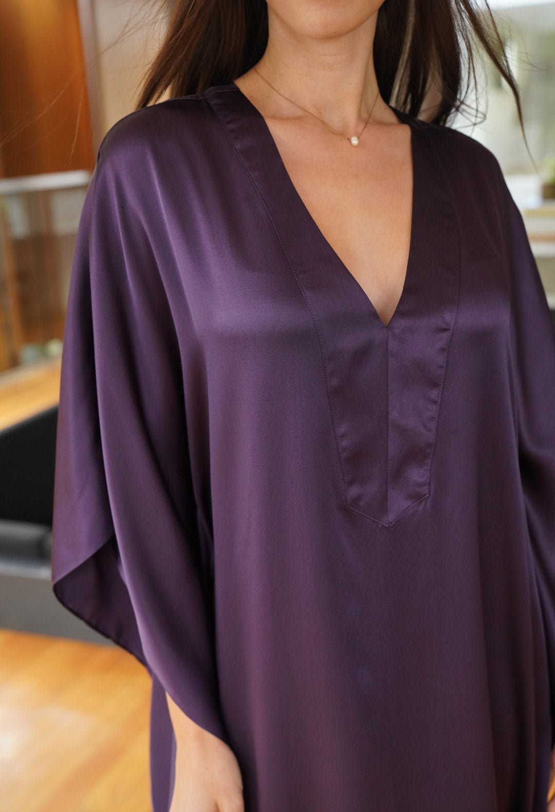 Aubergine Silk Charmeuse V - Neck Placket Long Caftan - ocean+main