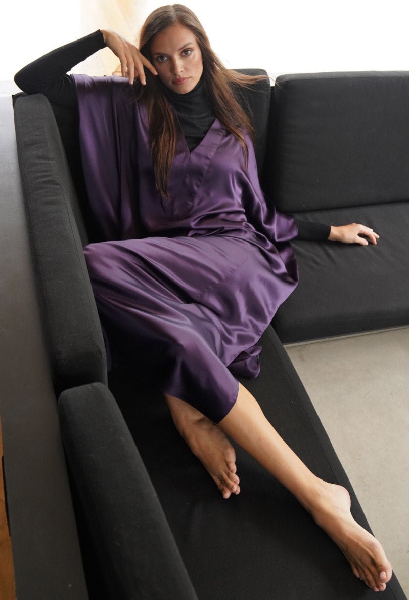 Aubergine Silk Charmeuse V - Neck Placket Long Caftan - ocean+main