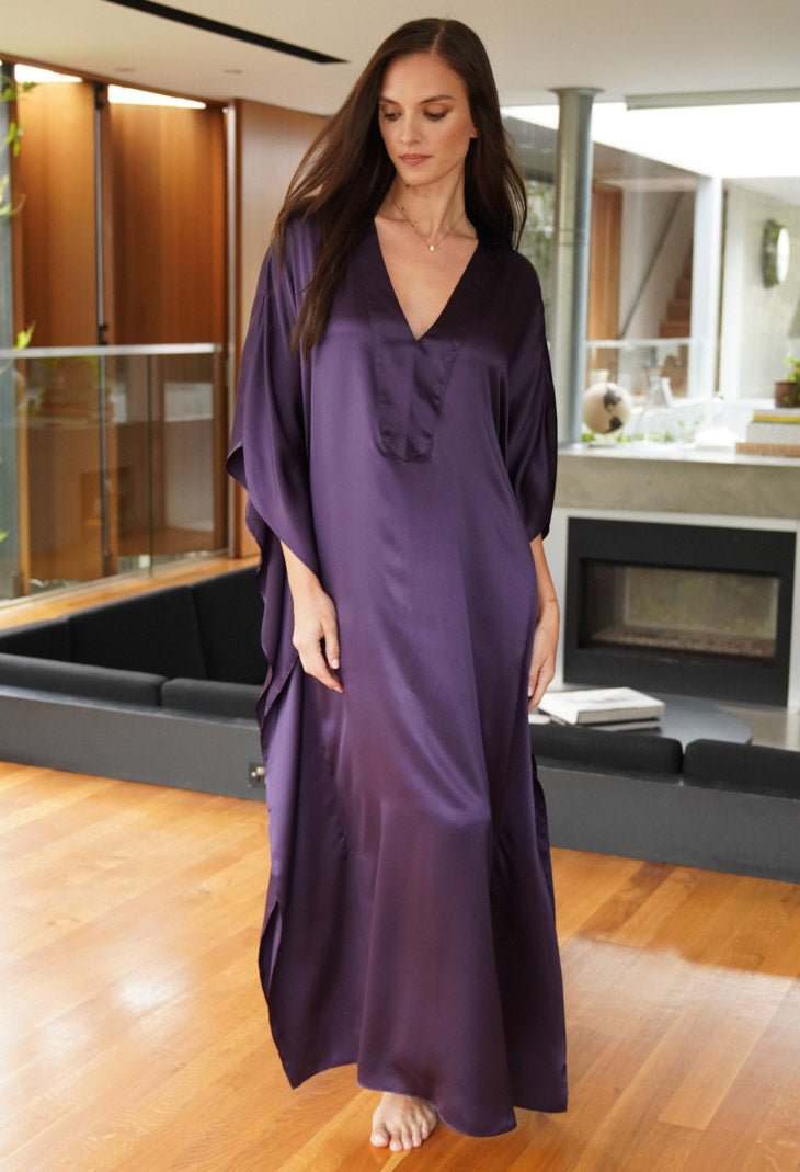 Aubergine Silk Charmeuse V - Neck Placket Long Caftan - ocean+main