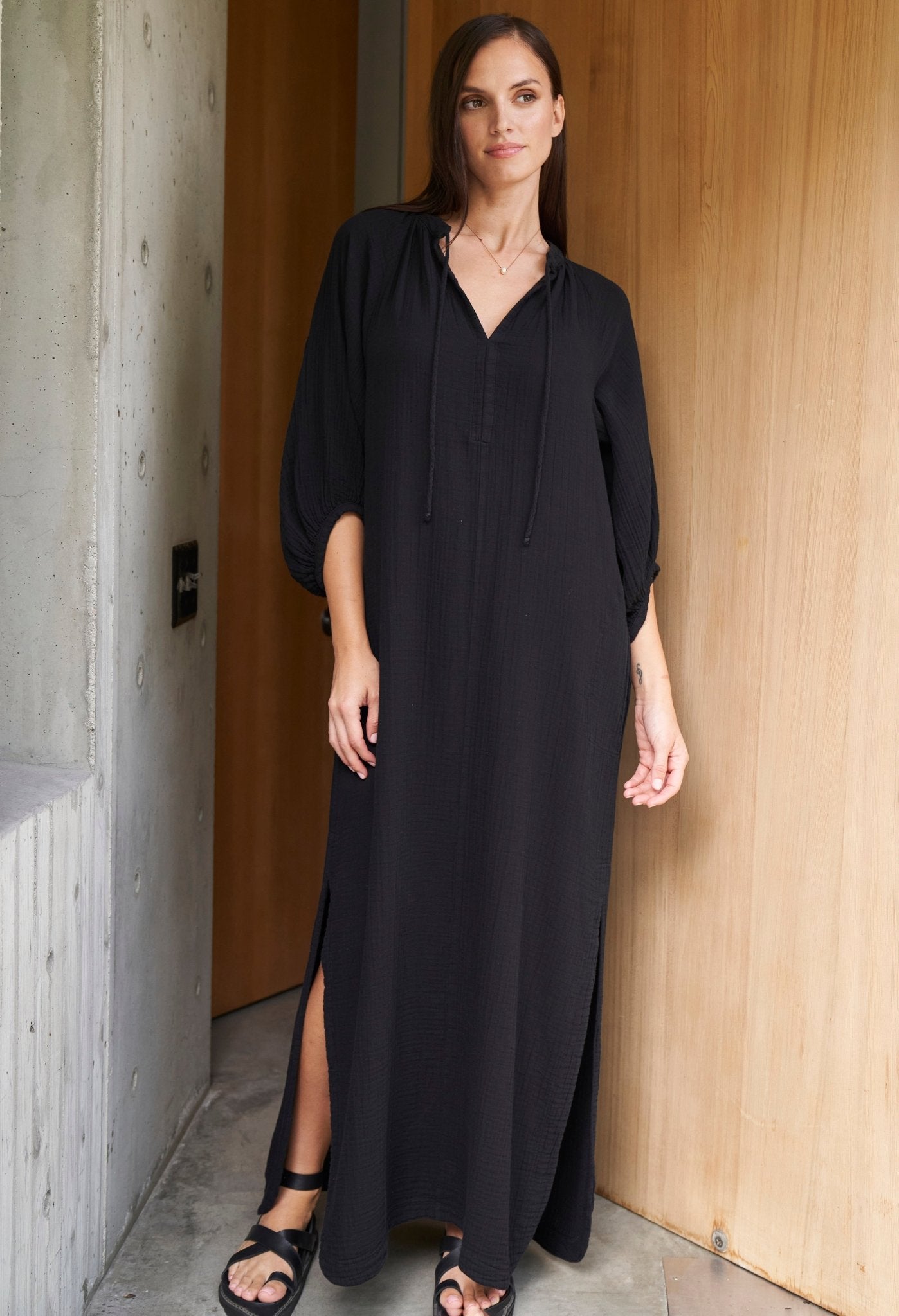 Avery Black Long Tie Neck Dress Gauze Caftan - ocean+main