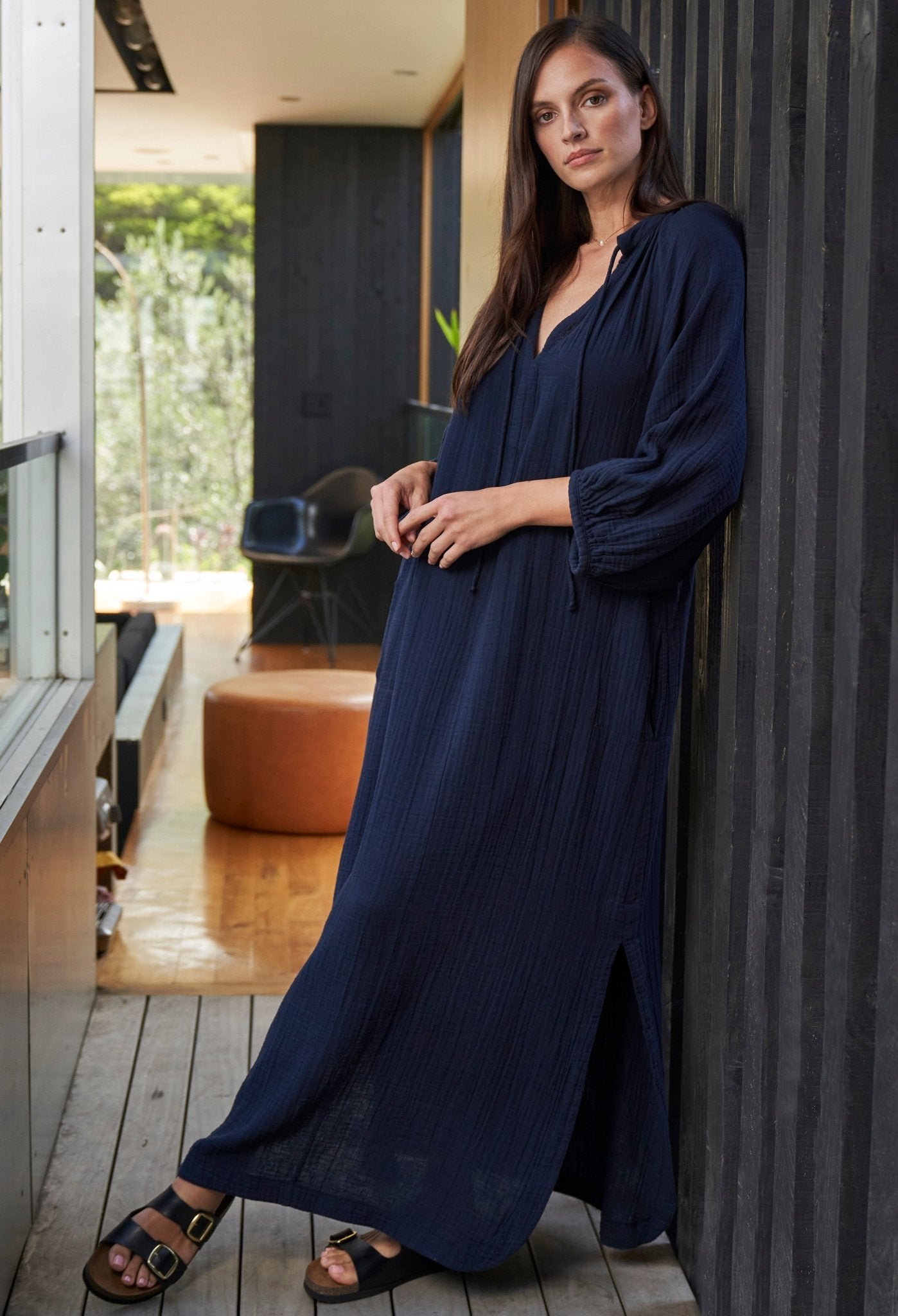 Avery Navy Long Tie Neck Dress Gauze Caftan - ocean+main