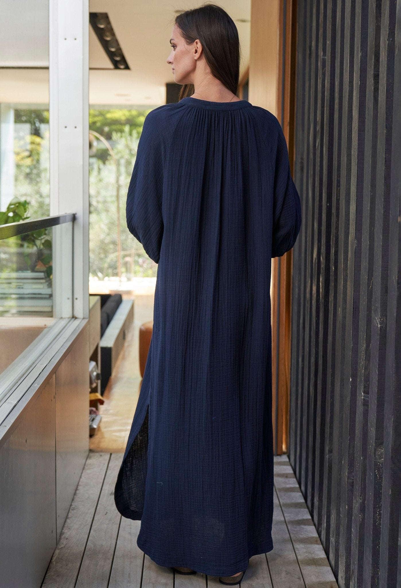 Avery Navy Long Tie Neck Dress Gauze Caftan - ocean+main