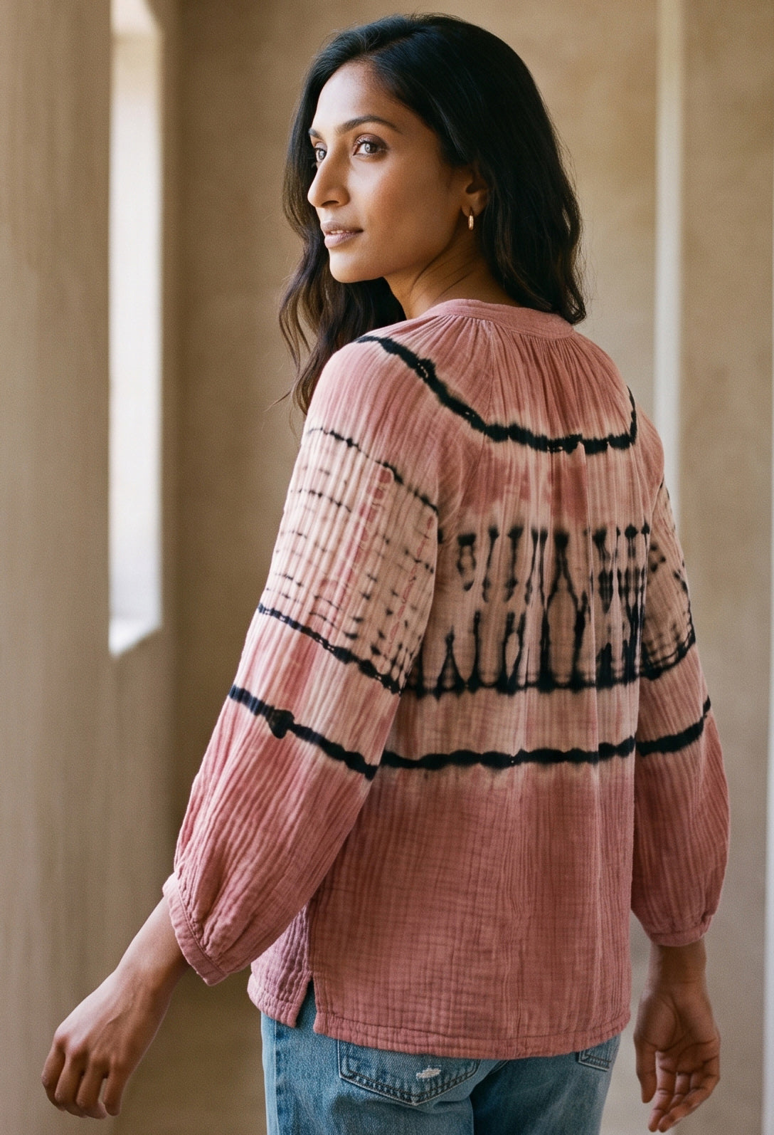 Aztec Print Gauze Top | Hand-Dyed Cotton V-Neck Blouse, Made in LA